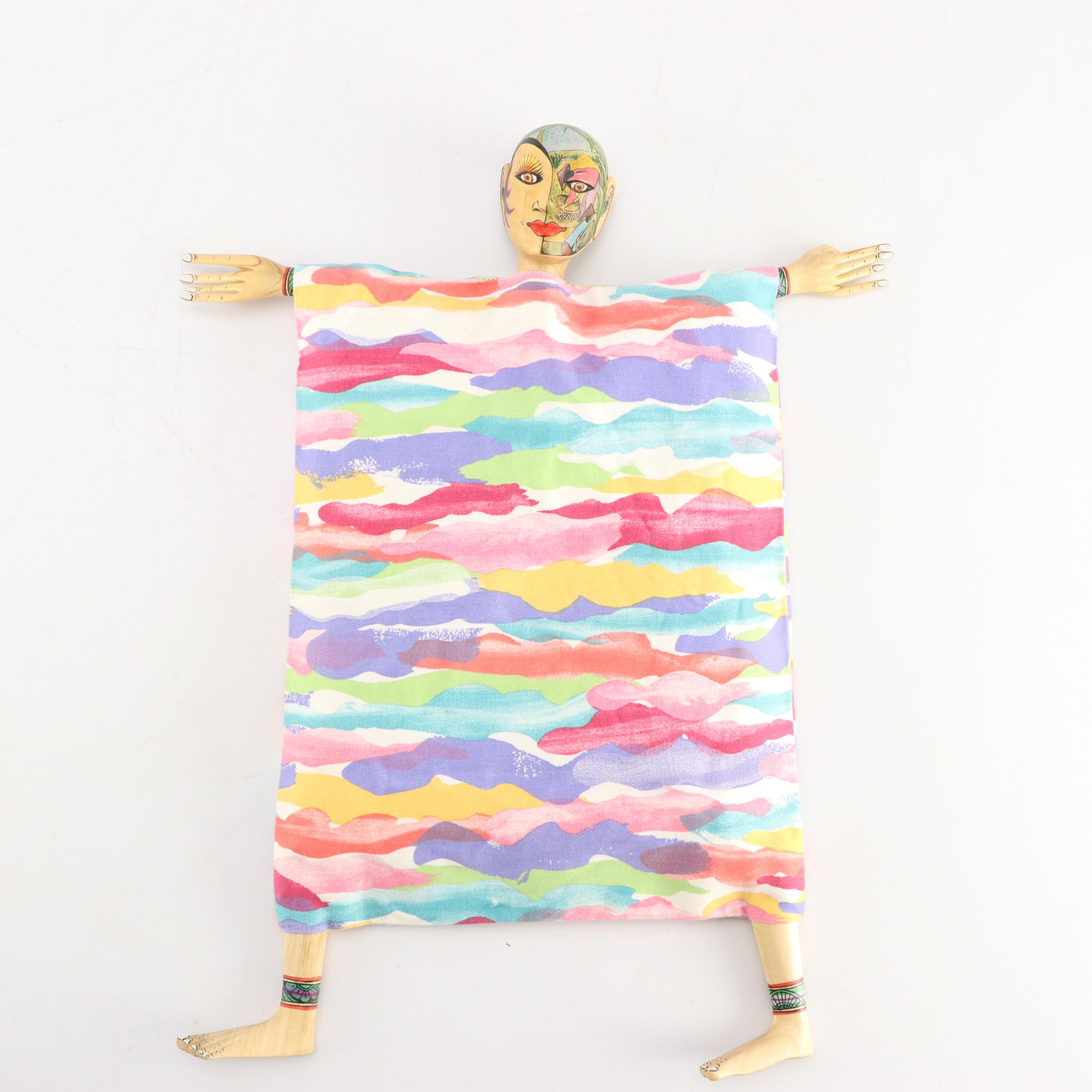 Indonesian Hand-Carved Polychrome Decorated Wood and Fabric Hand Puppets