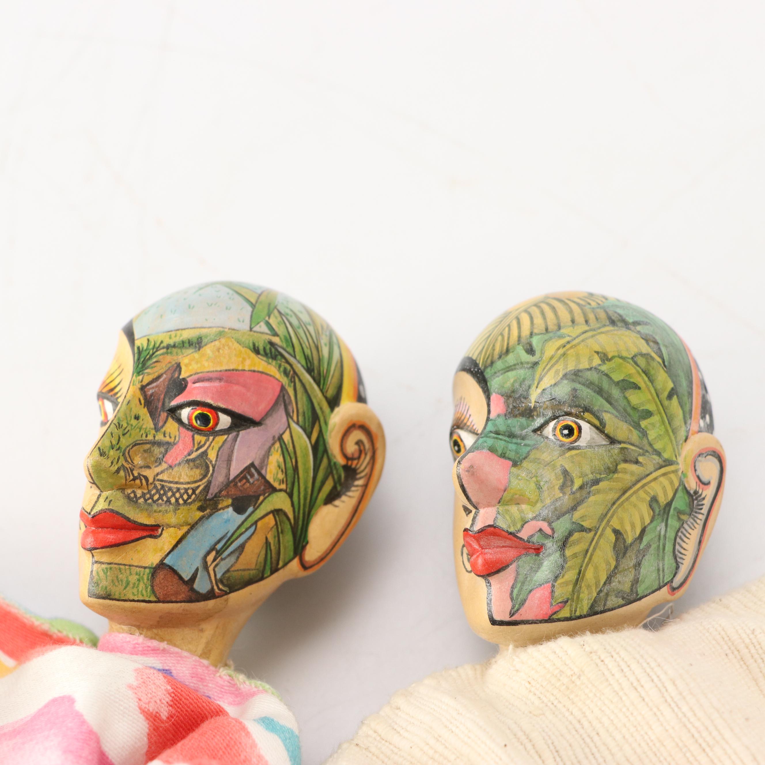 Indonesian Hand-Carved Polychrome Decorated Wood and Fabric Hand Puppets