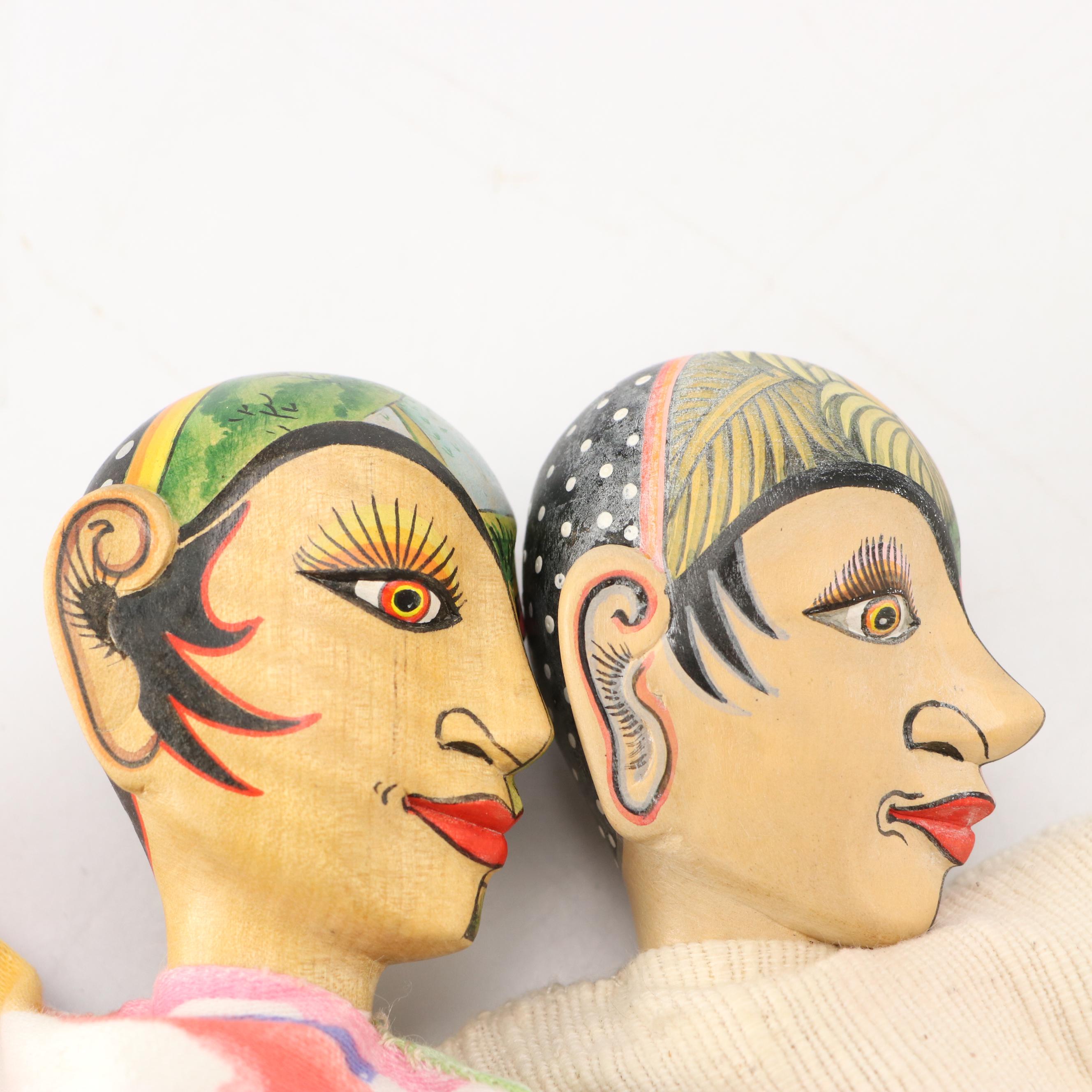 Indonesian Hand-Carved Polychrome Decorated Wood and Fabric Hand Puppets