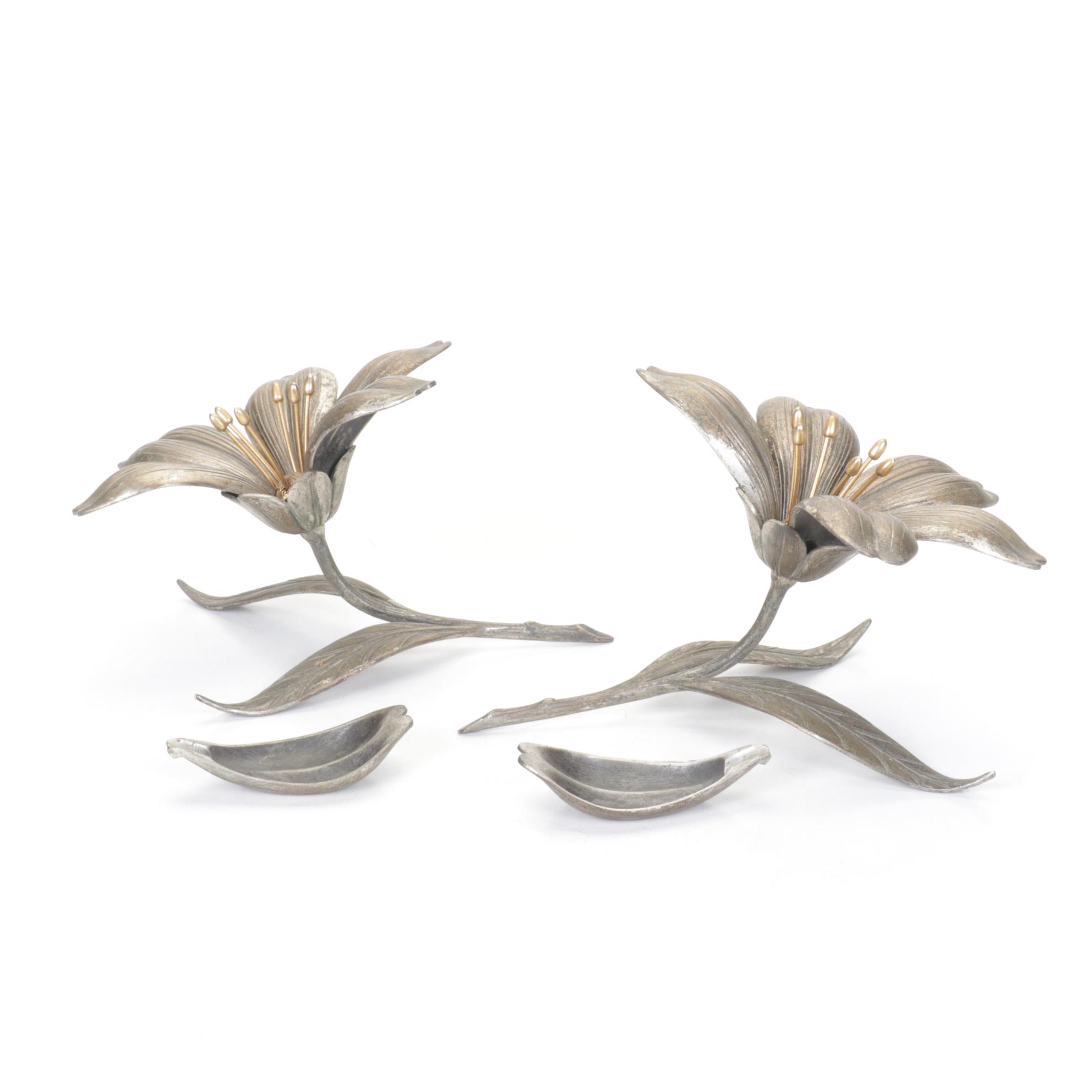 S. Agudo Mid-Century Metal Flowers With Removable Petal Individual Ashtrays