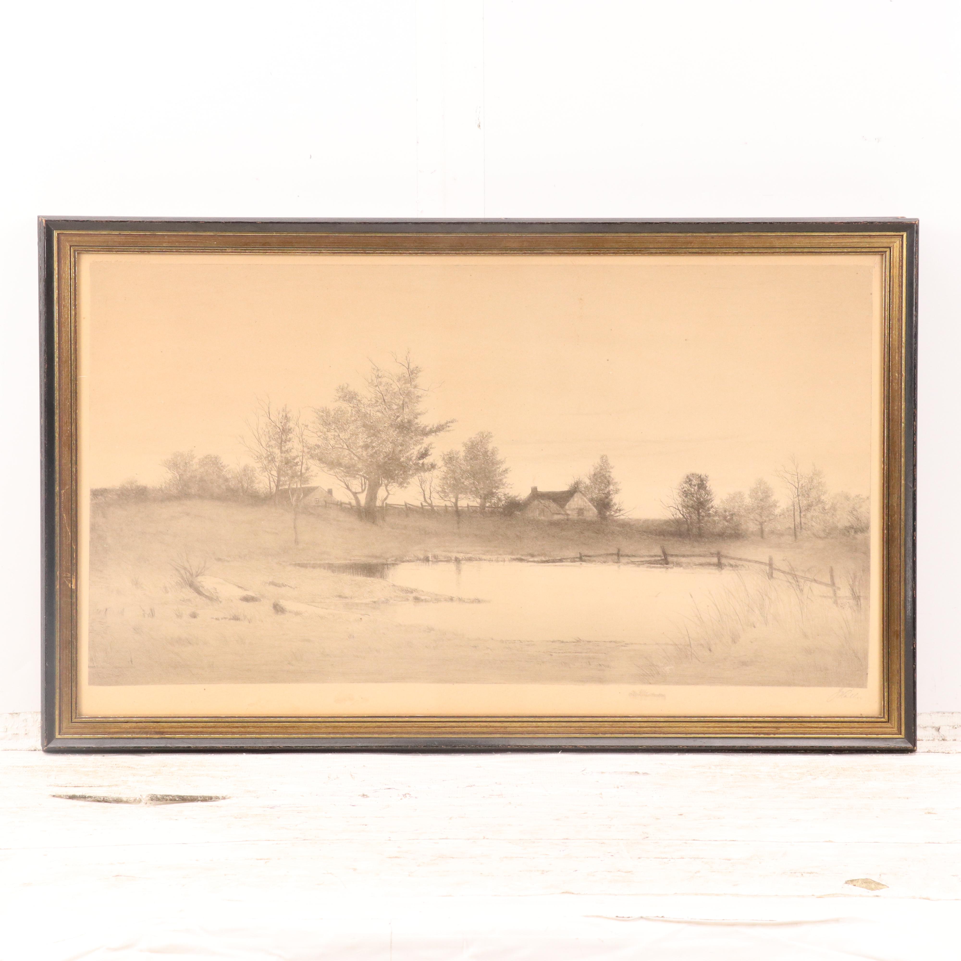 Landscape Etchings Including Coastal Village Scene, Circa 1920