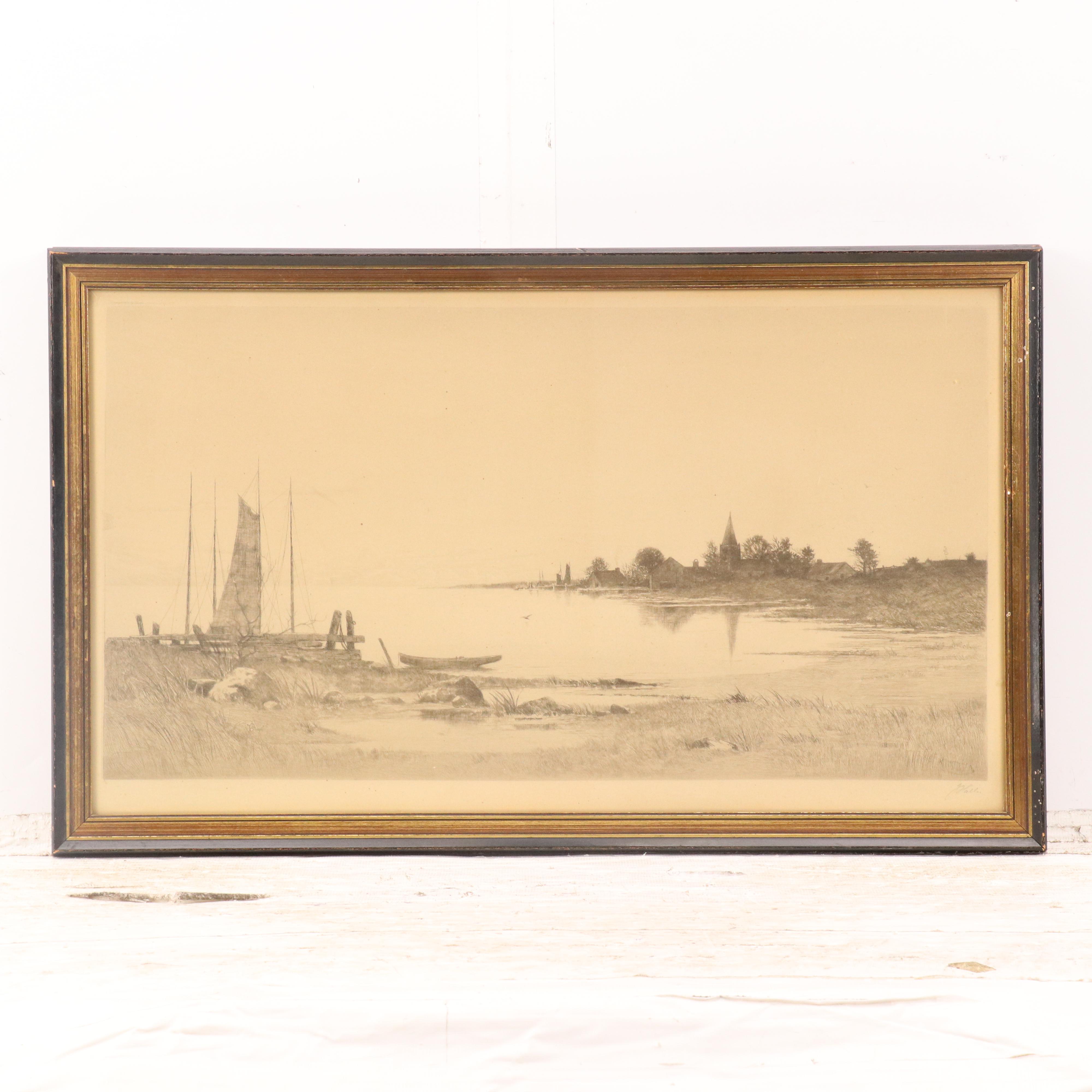 Landscape Etchings Including Coastal Village Scene, Circa 1920