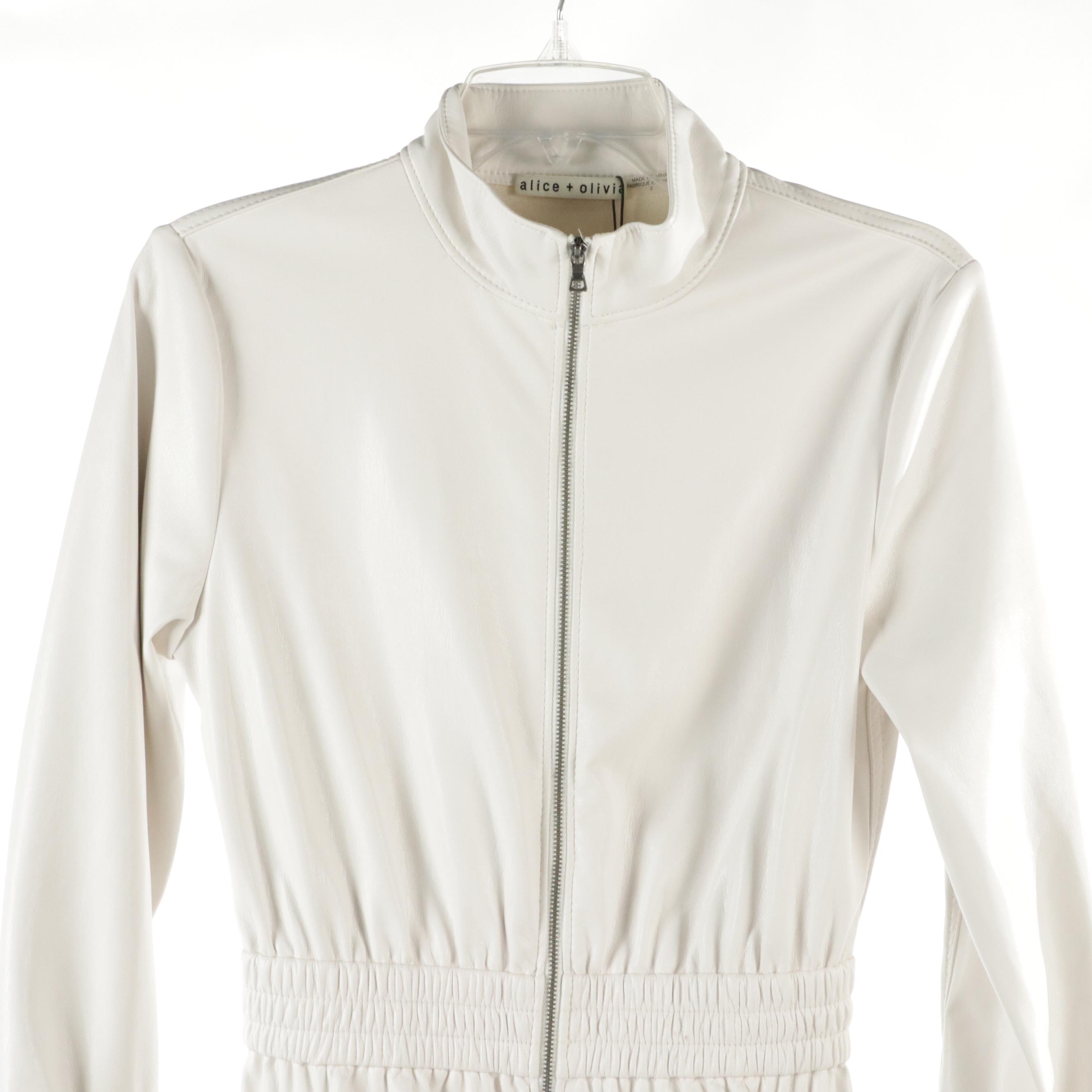 Alice + Olivia "Levi" Front-Zip Jumpsuit in "Off White" Vegan Leather, With Tag