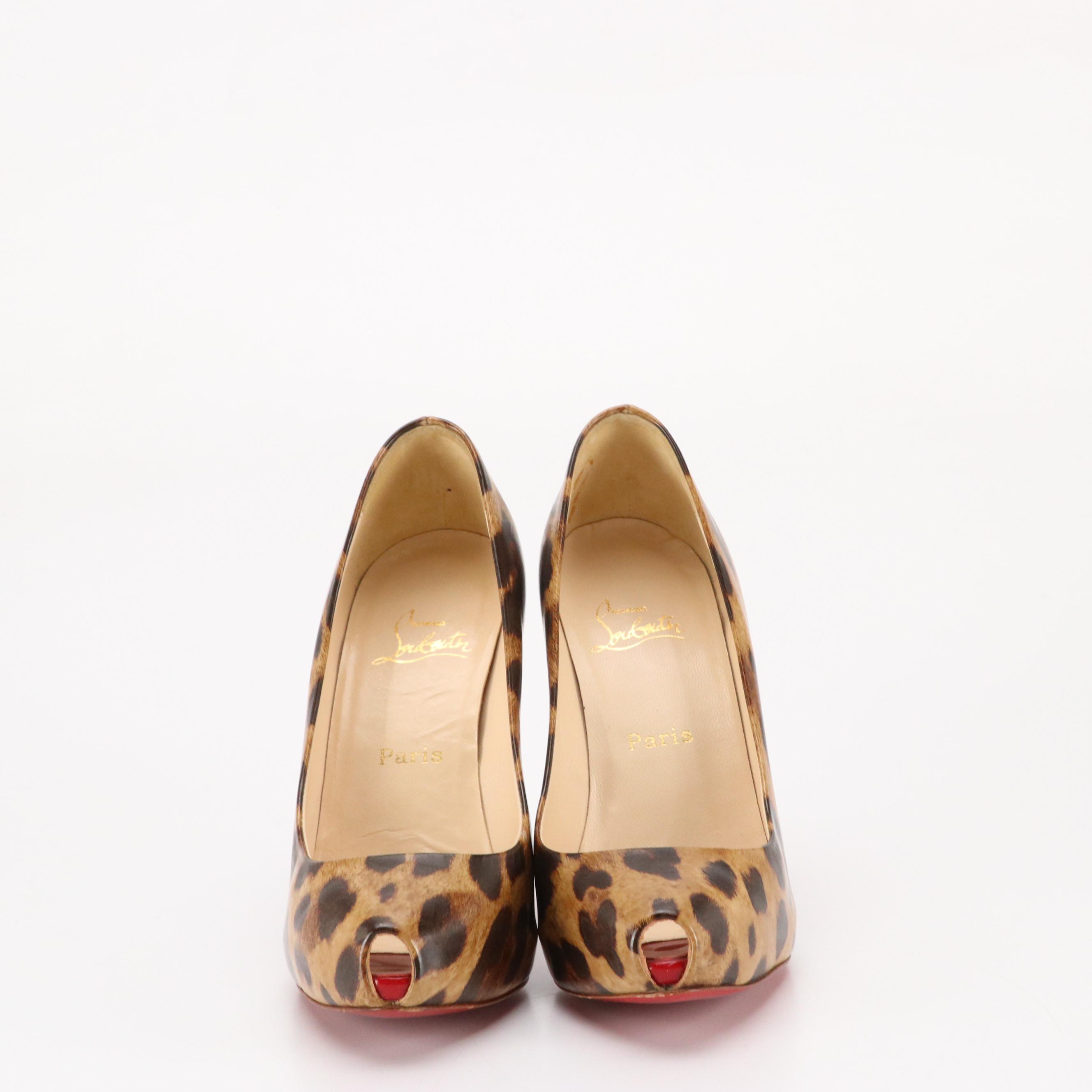Christian Louboutin Leopard Print Patent Leather Platform Peep-Toe Pumps