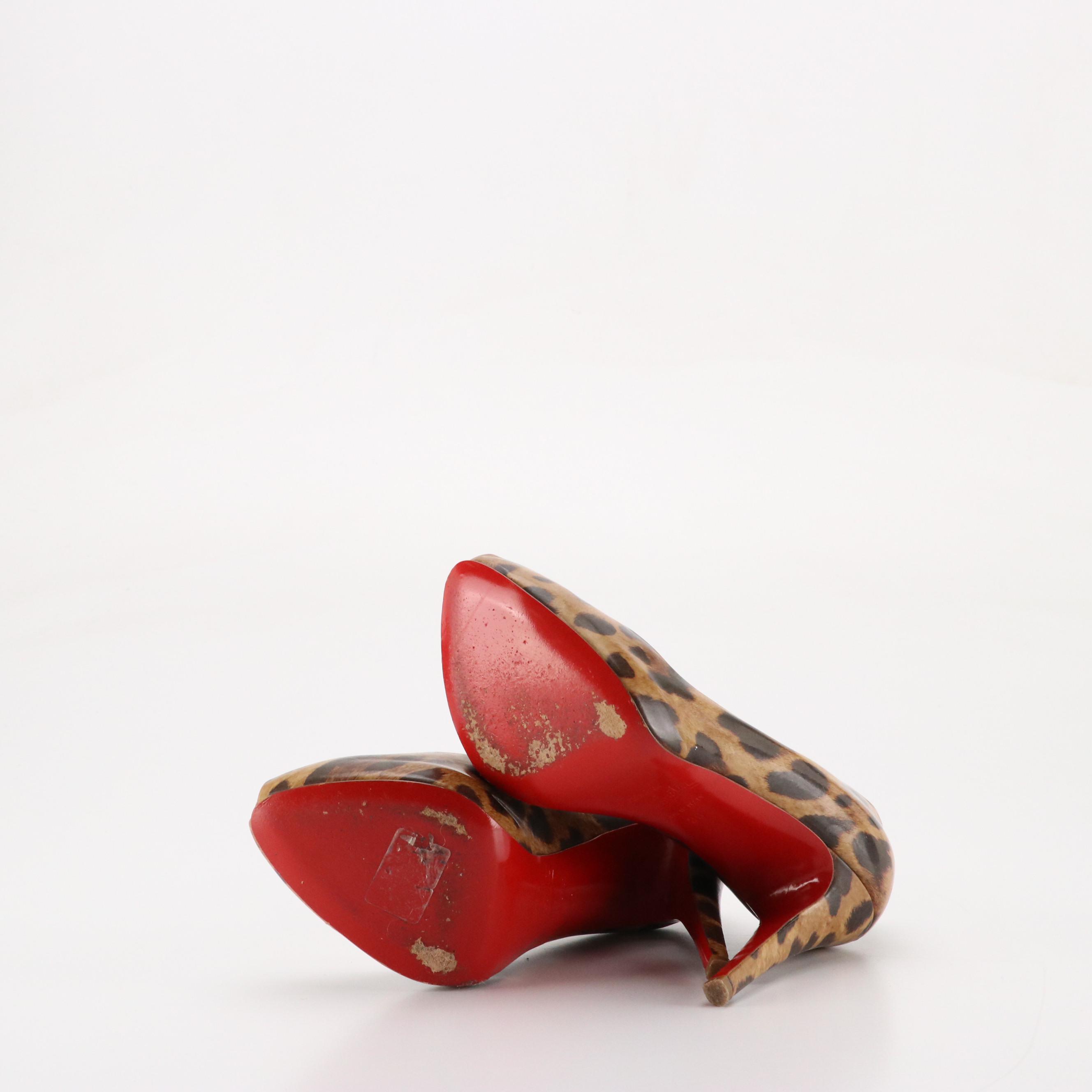 Christian Louboutin Leopard Print Patent Leather Platform Peep-Toe Pumps