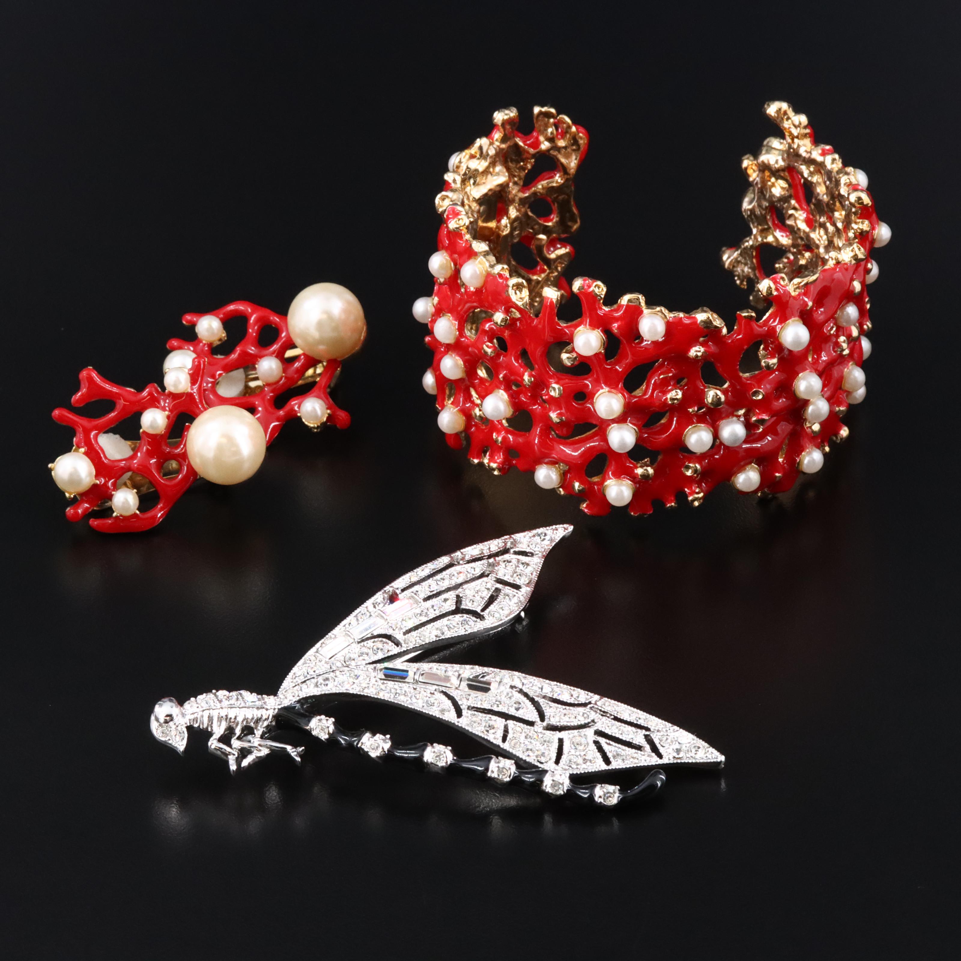 Kenneth Jay Lane Coral Cuff and Earring Set with Dragonfly Brooch