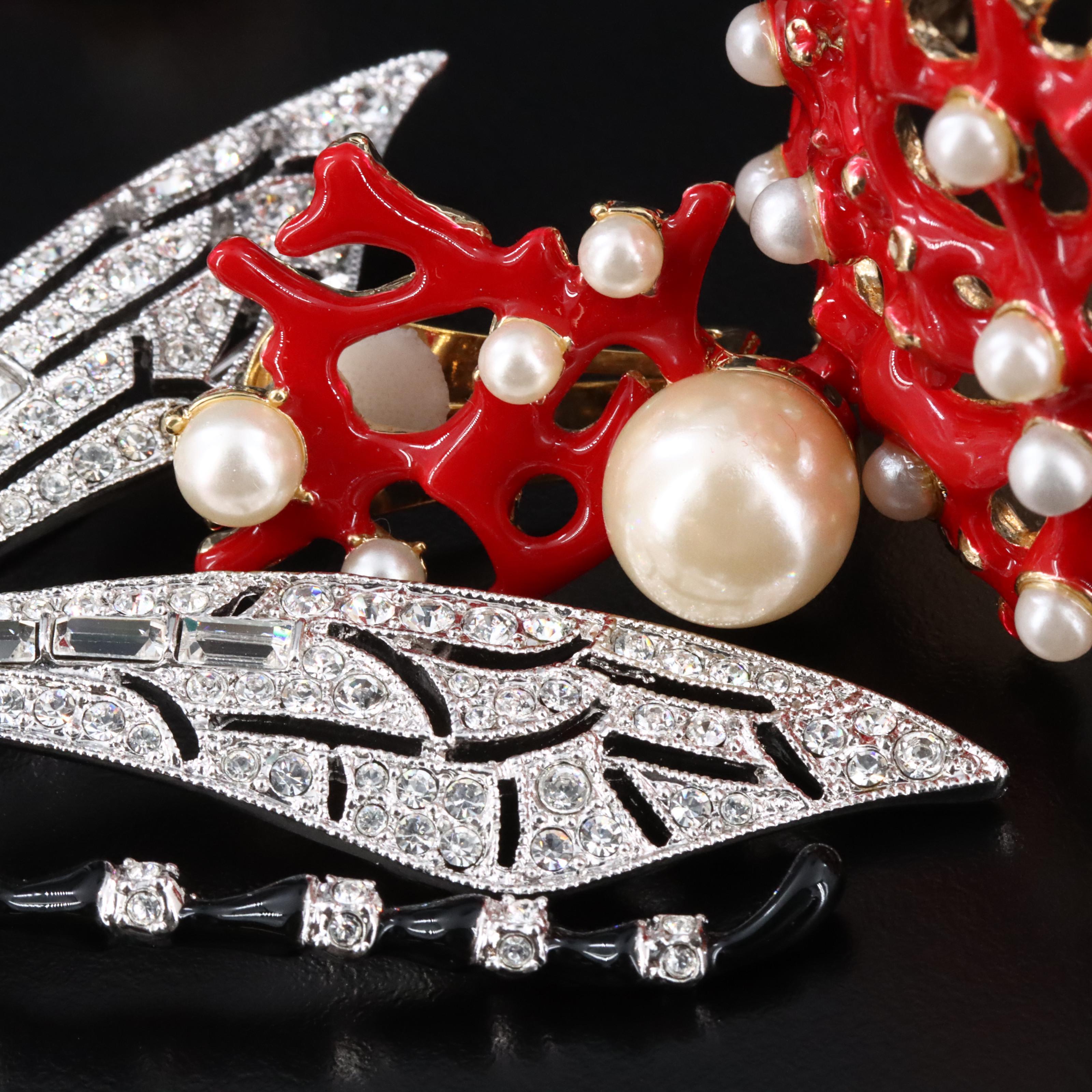Kenneth Jay Lane Coral Cuff and Earring Set with Dragonfly Brooch