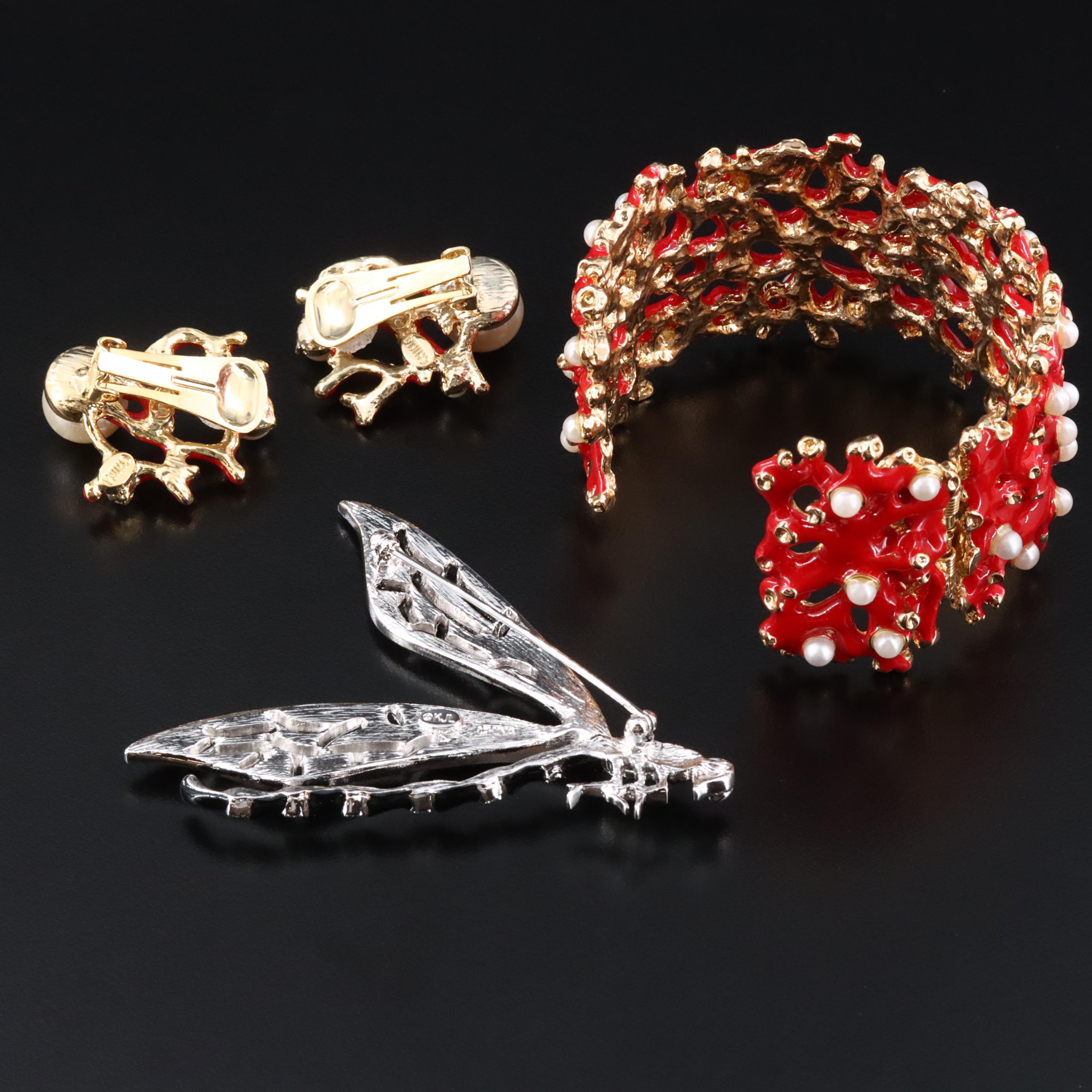 Kenneth Jay Lane Coral Cuff and Earring Set with Dragonfly Brooch