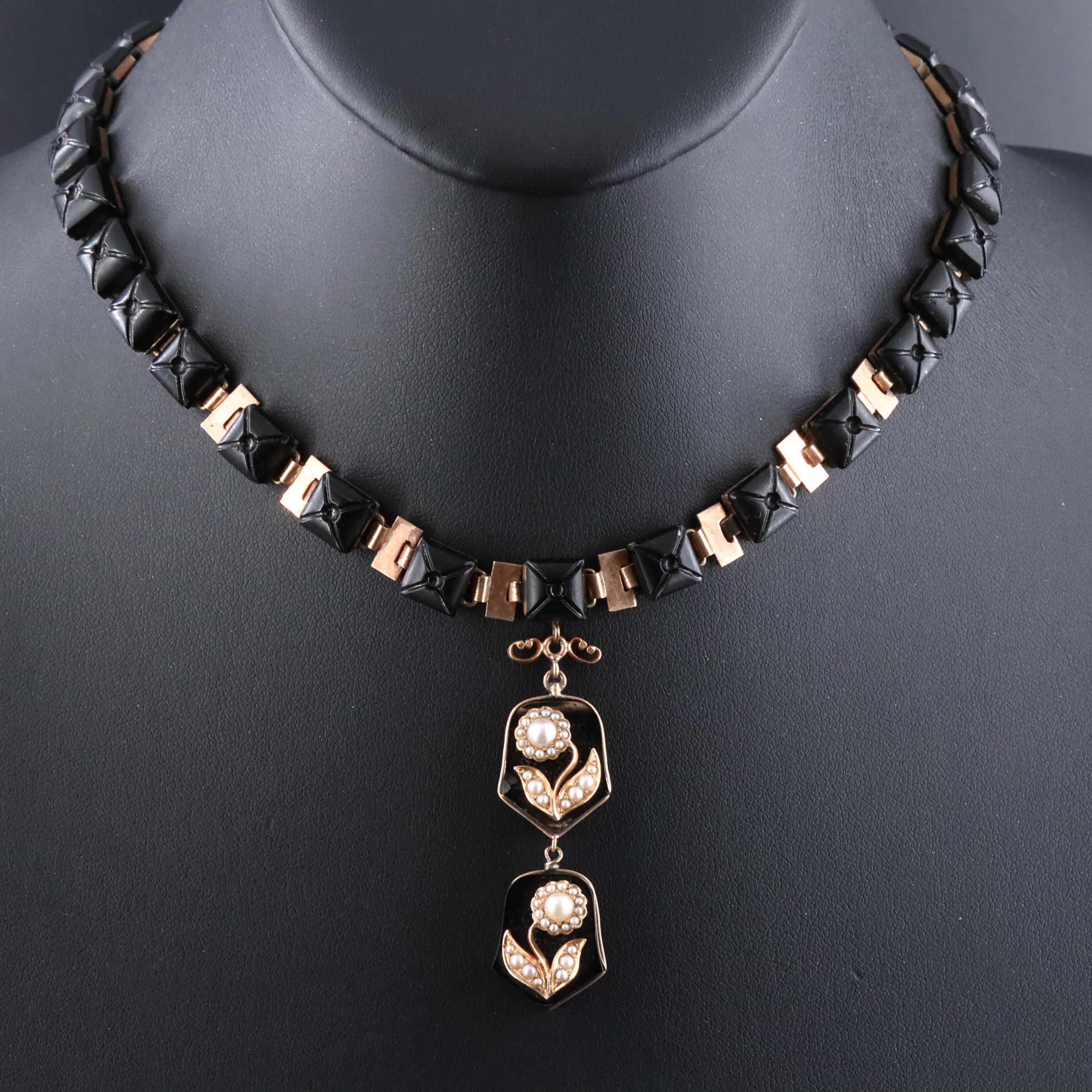 Victorian Style Black Onyx and Seed Pearl Necklace