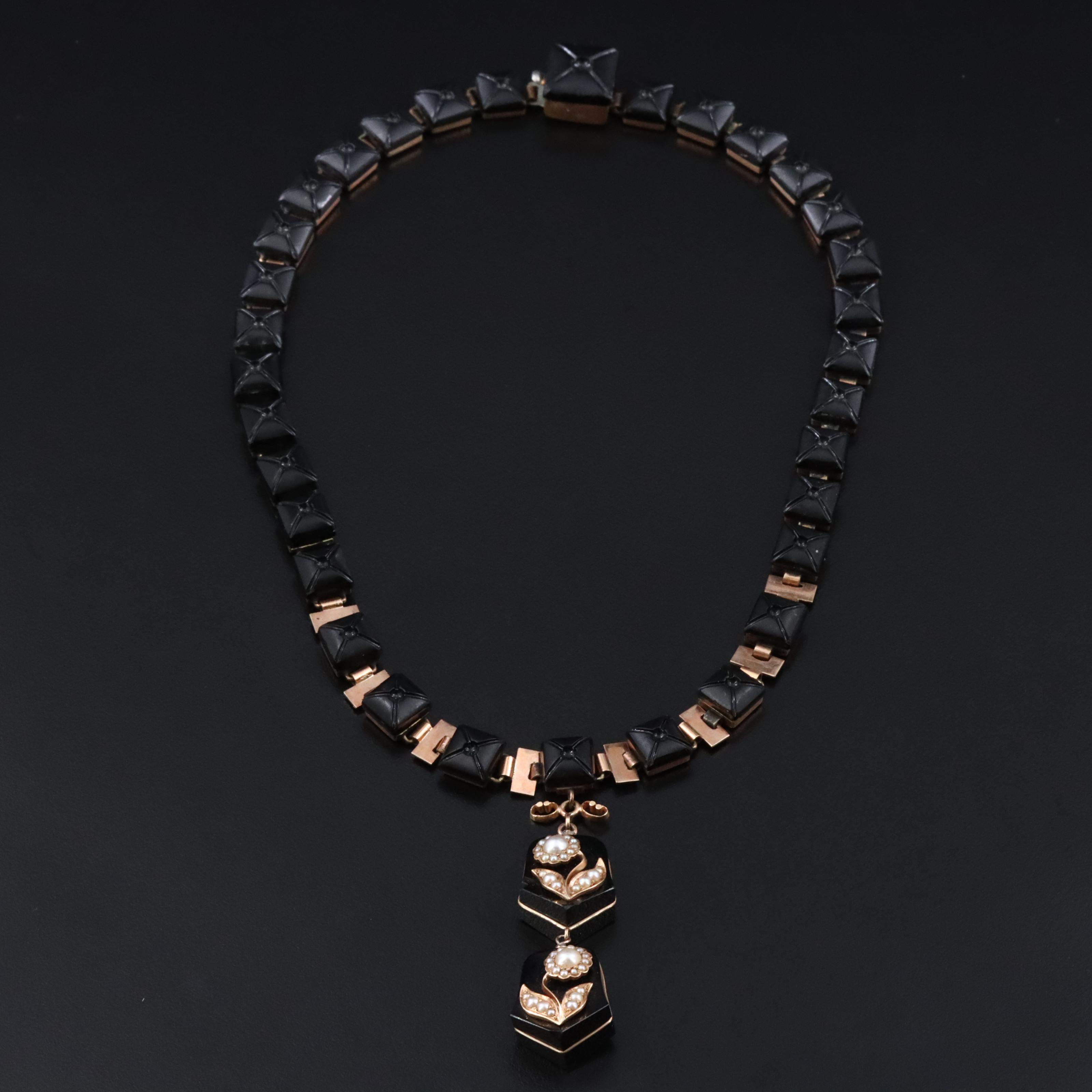 Victorian Style Black Onyx and Seed Pearl Necklace