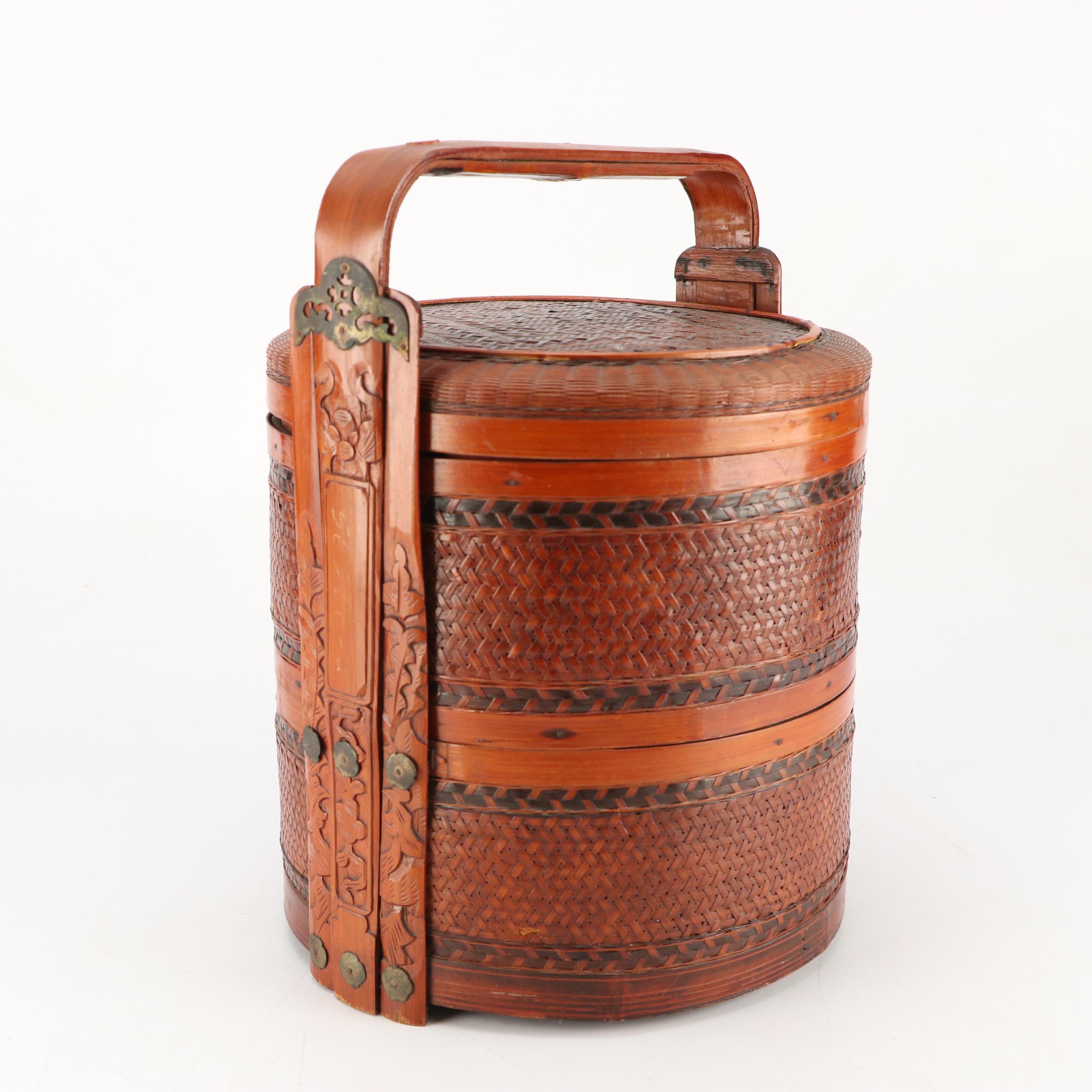 Chinese Woven Bamboo Three-Tiered Wedding Basket with Brass Decals