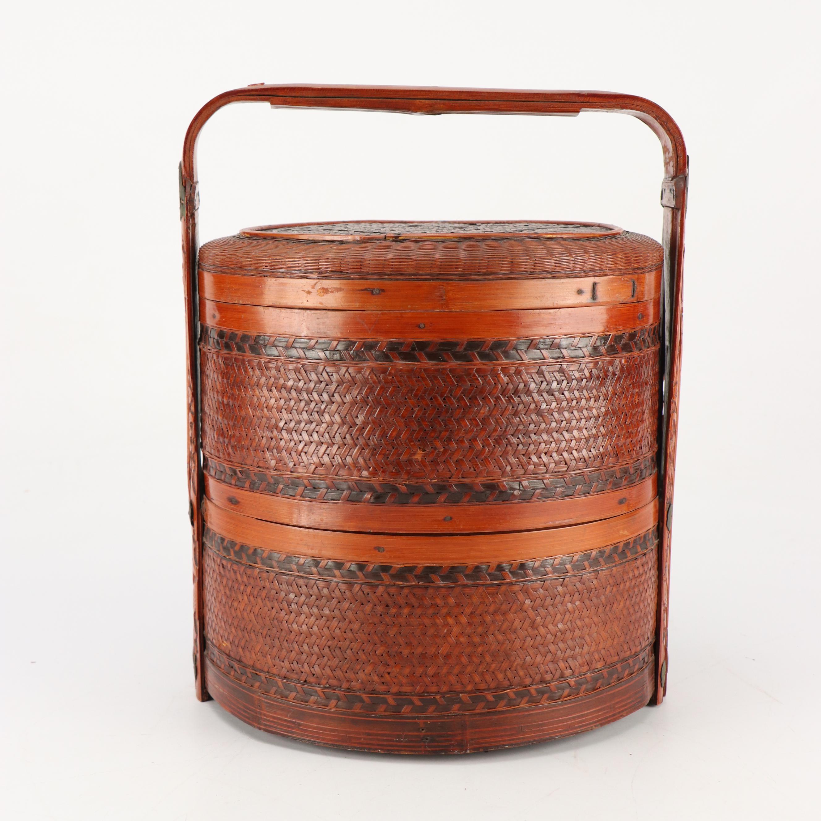 Chinese Woven Bamboo Three-Tiered Wedding Basket with Brass Decals