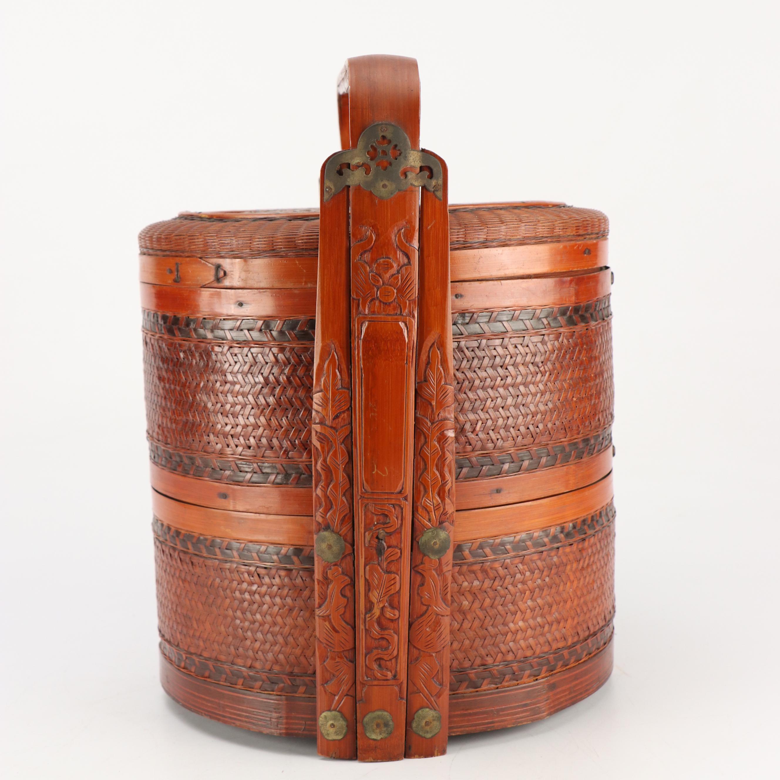 Chinese Woven Bamboo Three-Tiered Wedding Basket with Brass Decals