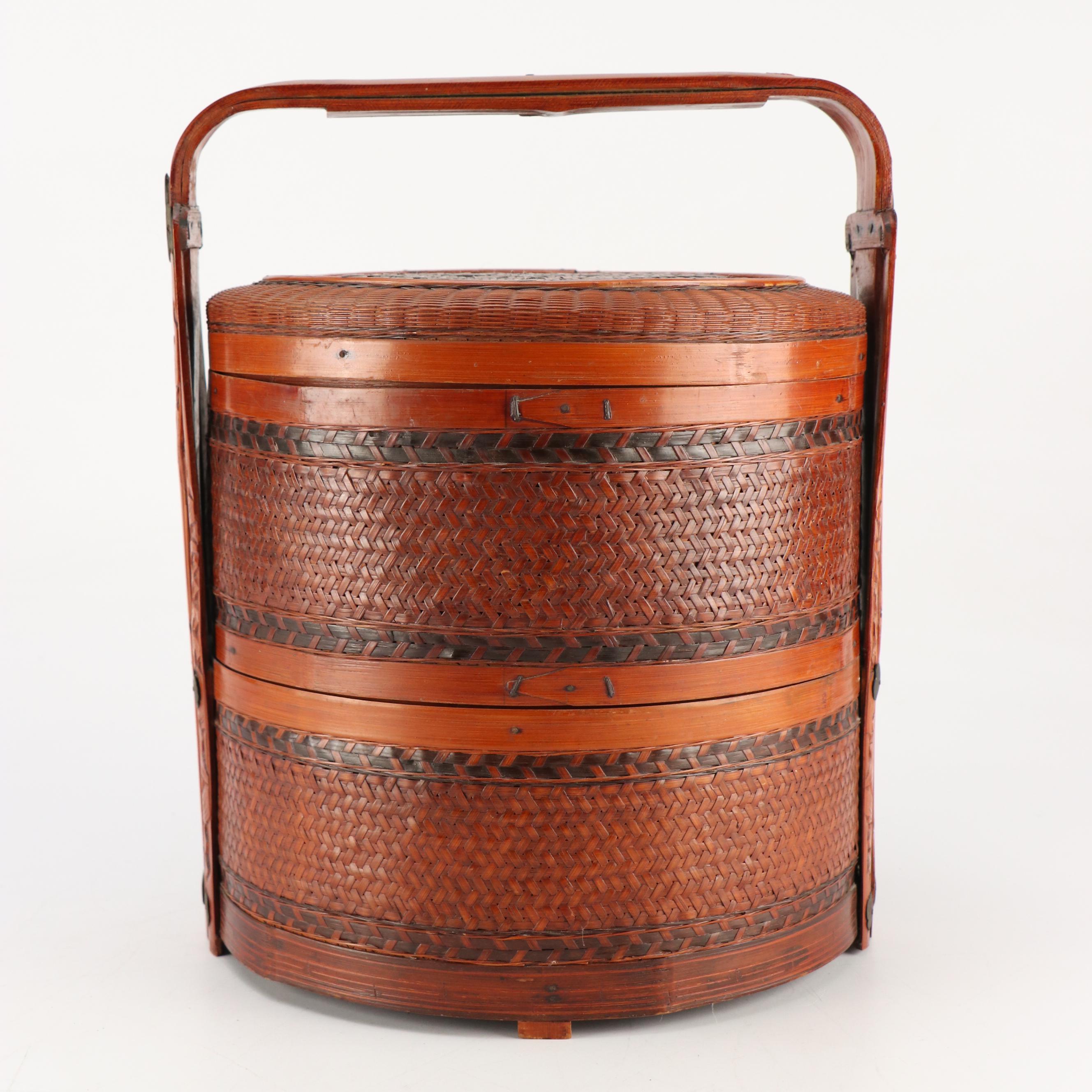 Chinese Woven Bamboo Three-Tiered Wedding Basket with Brass Decals