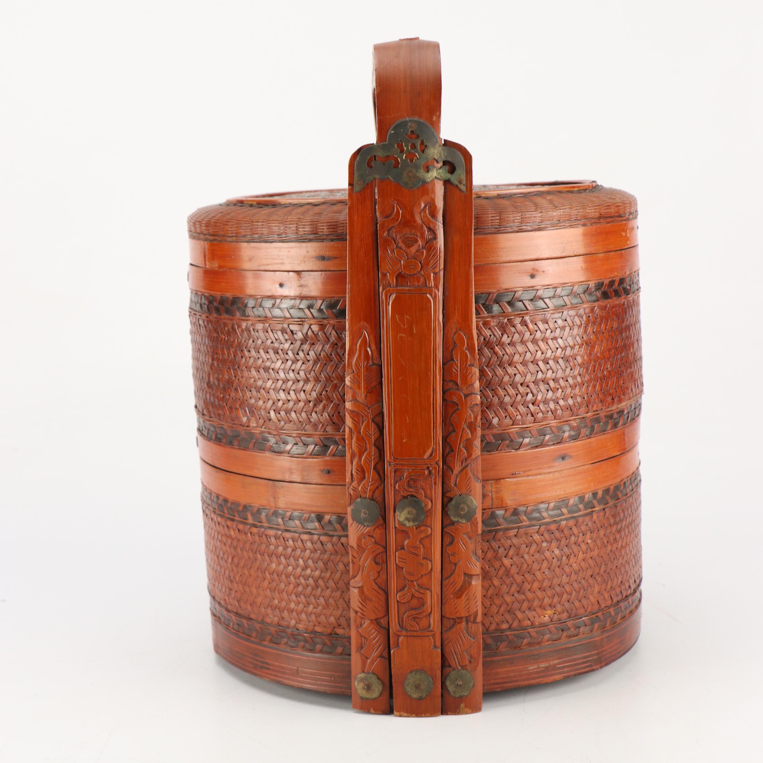 Chinese Woven Bamboo Three-Tiered Wedding Basket with Brass Decals