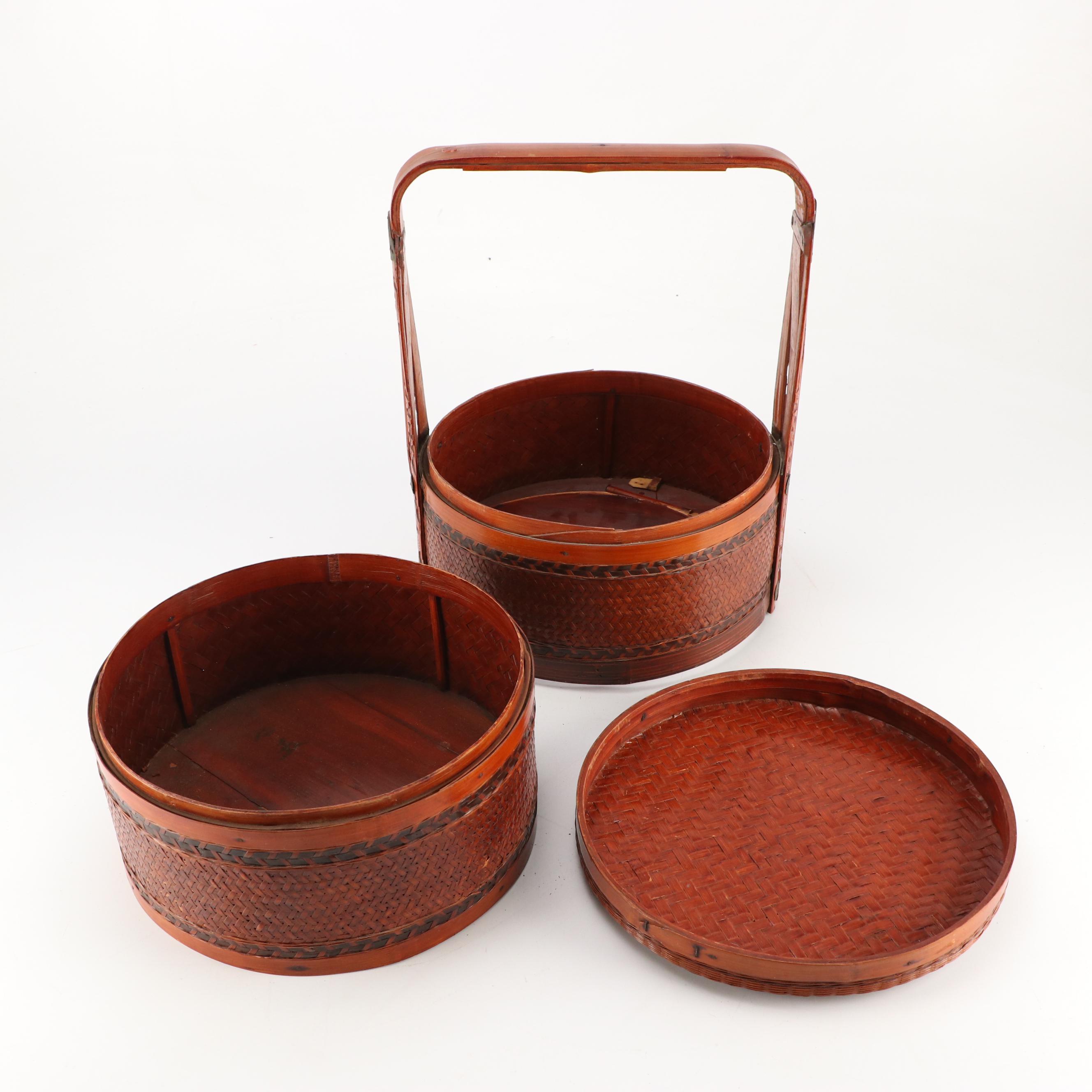 Chinese Woven Bamboo Three-Tiered Wedding Basket with Brass Decals