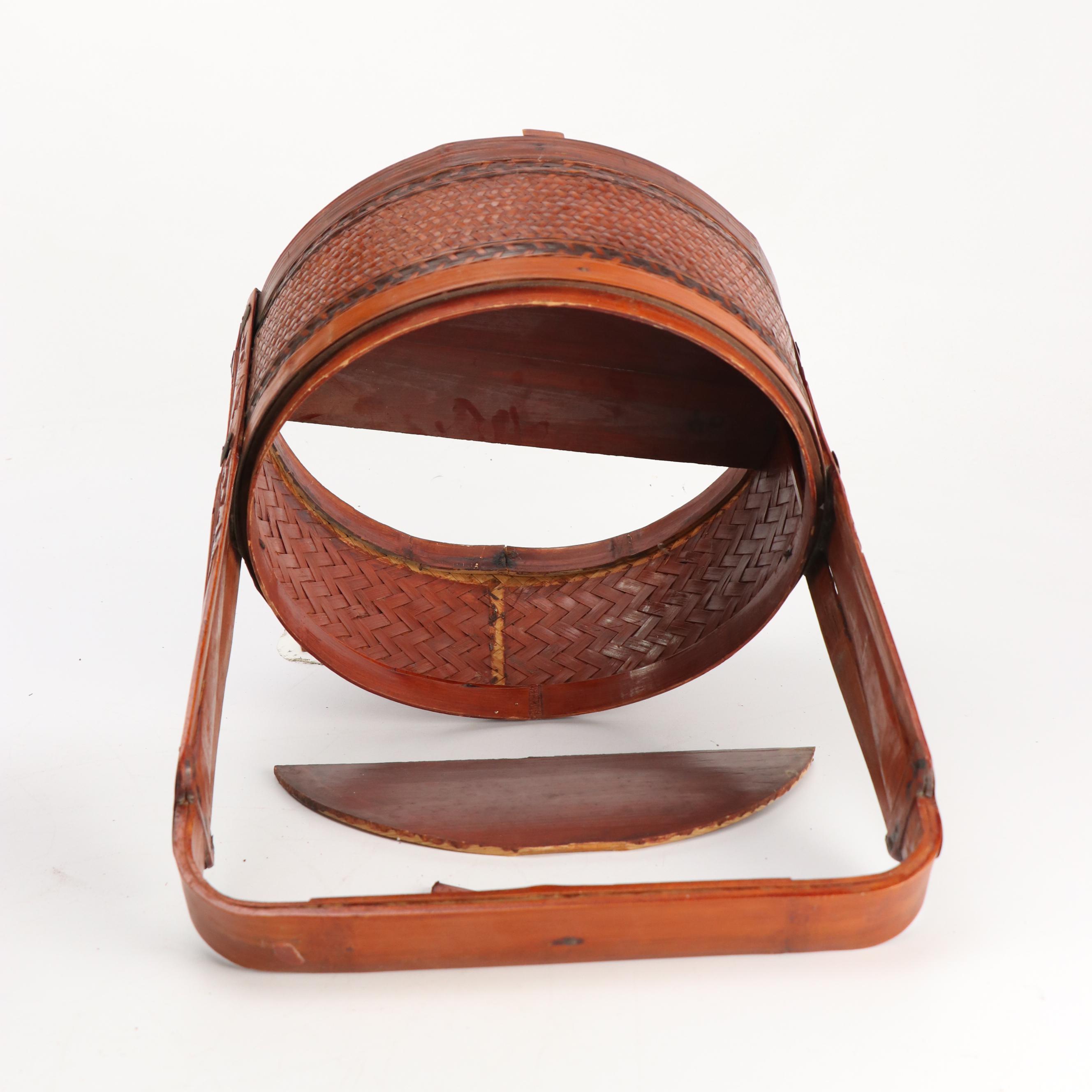 Chinese Woven Bamboo Three-Tiered Wedding Basket with Brass Decals