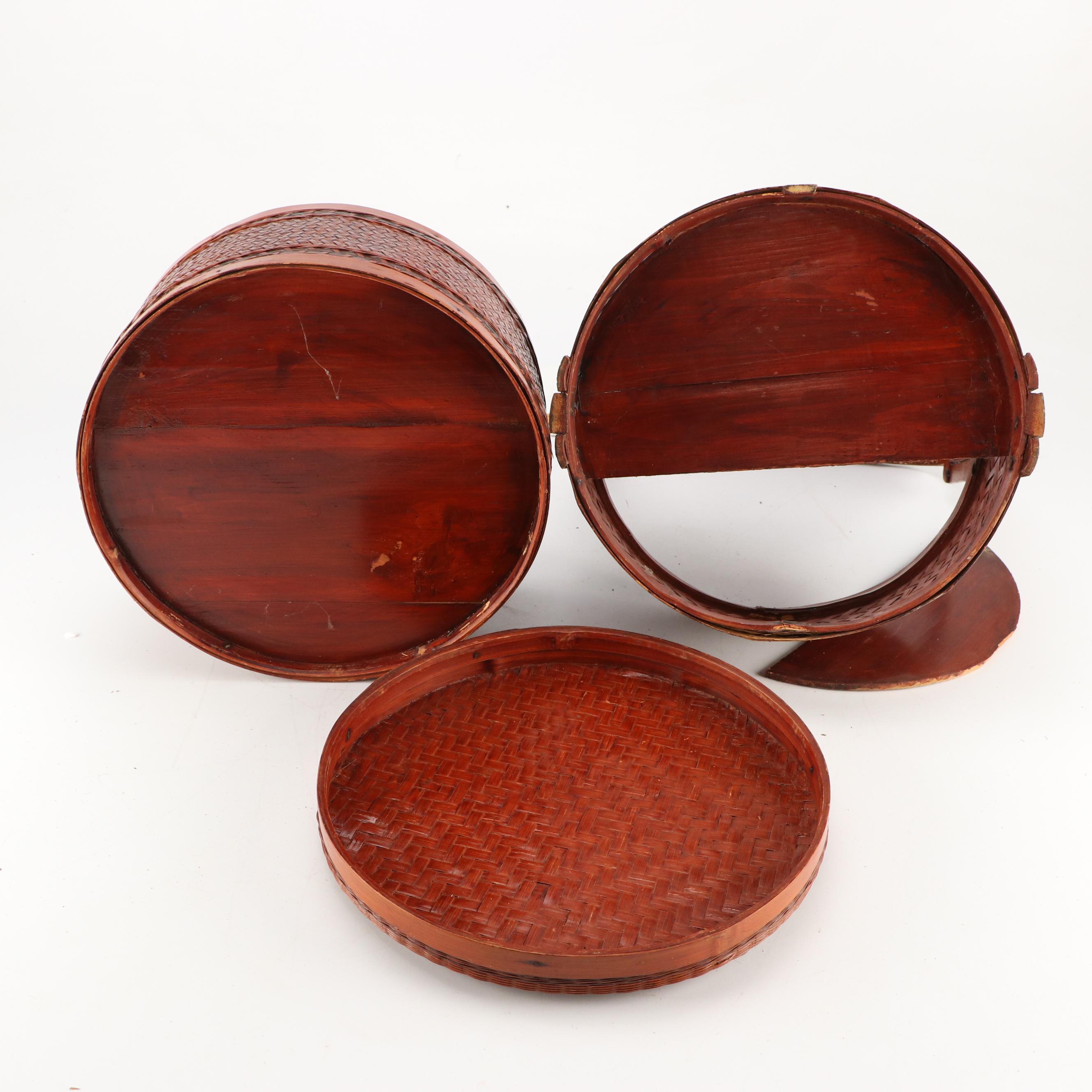 Chinese Woven Bamboo Three-Tiered Wedding Basket with Brass Decals