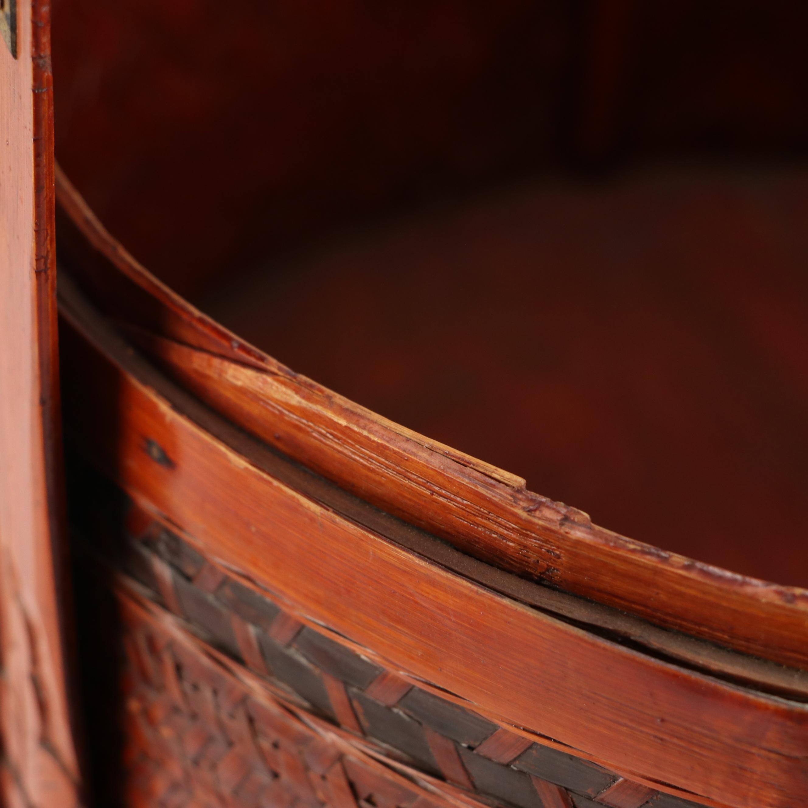 Chinese Woven Bamboo Three-Tiered Wedding Basket with Brass Decals