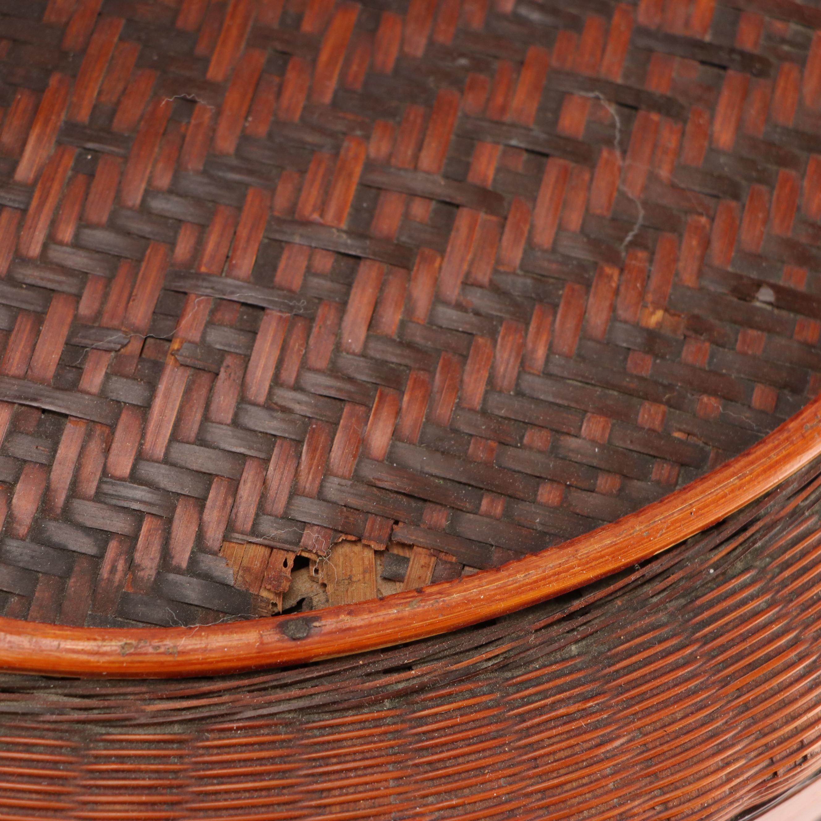 Chinese Woven Bamboo Three-Tiered Wedding Basket with Brass Decals