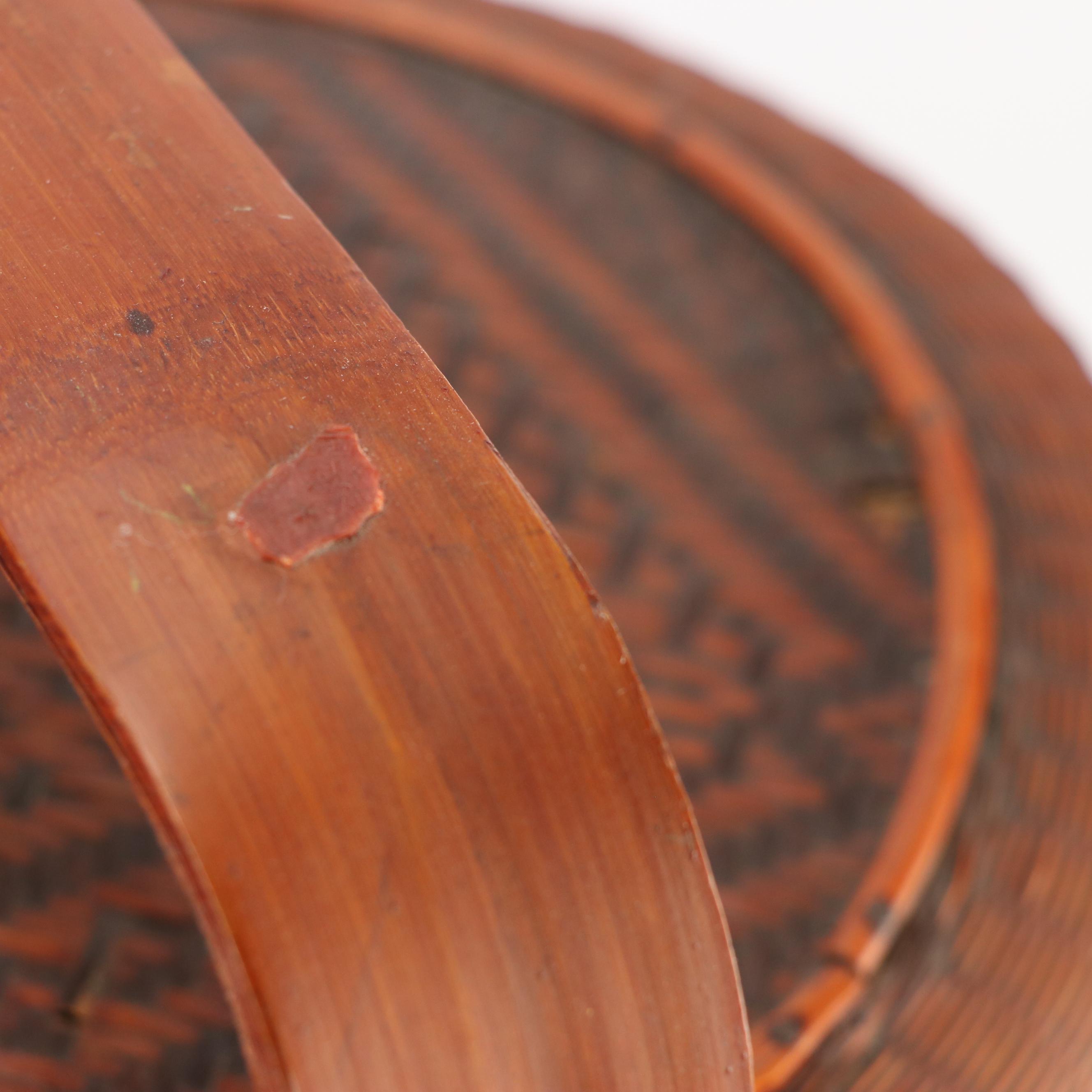 Chinese Woven Bamboo Three-Tiered Wedding Basket with Brass Decals