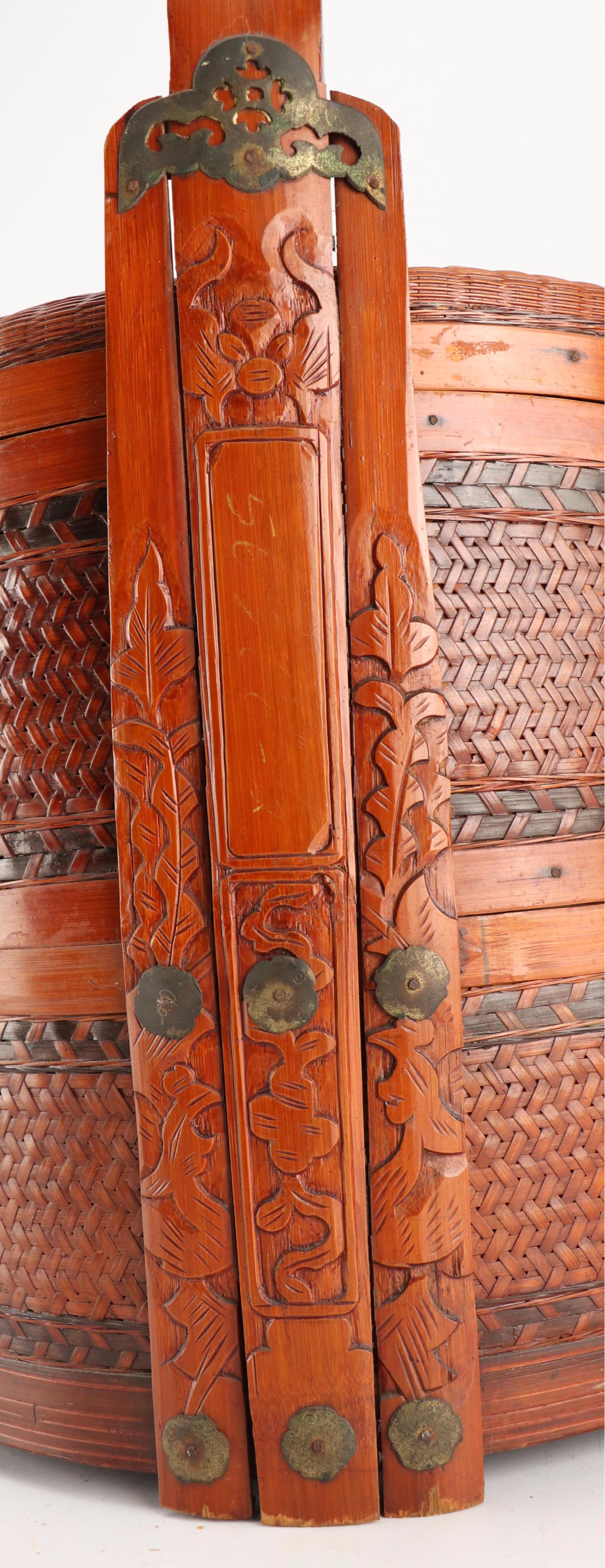 Chinese Woven Bamboo Three-Tiered Wedding Basket with Brass Decals