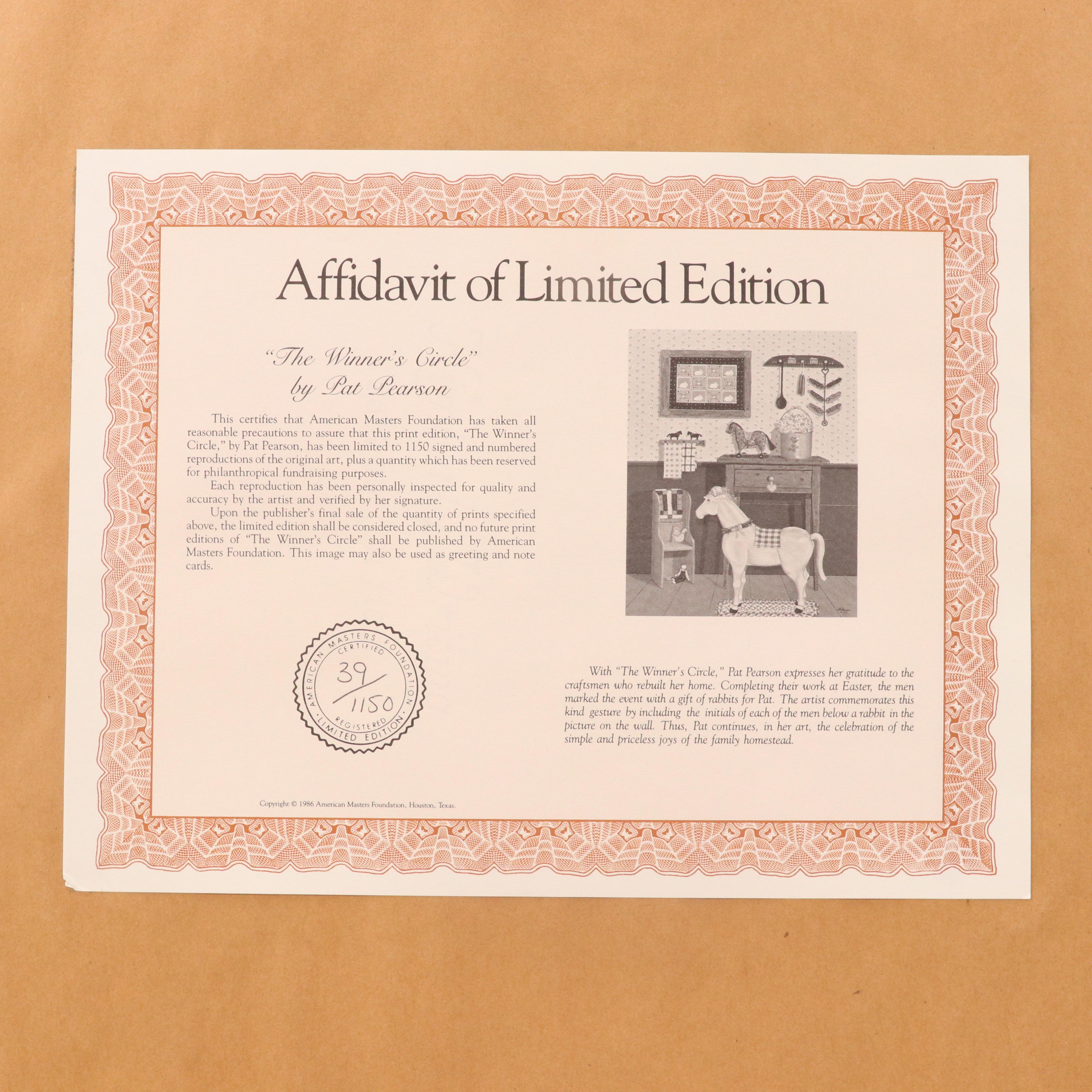 Pat Pearson Offset Lithograph "The Winner's Circle," Circa 1986