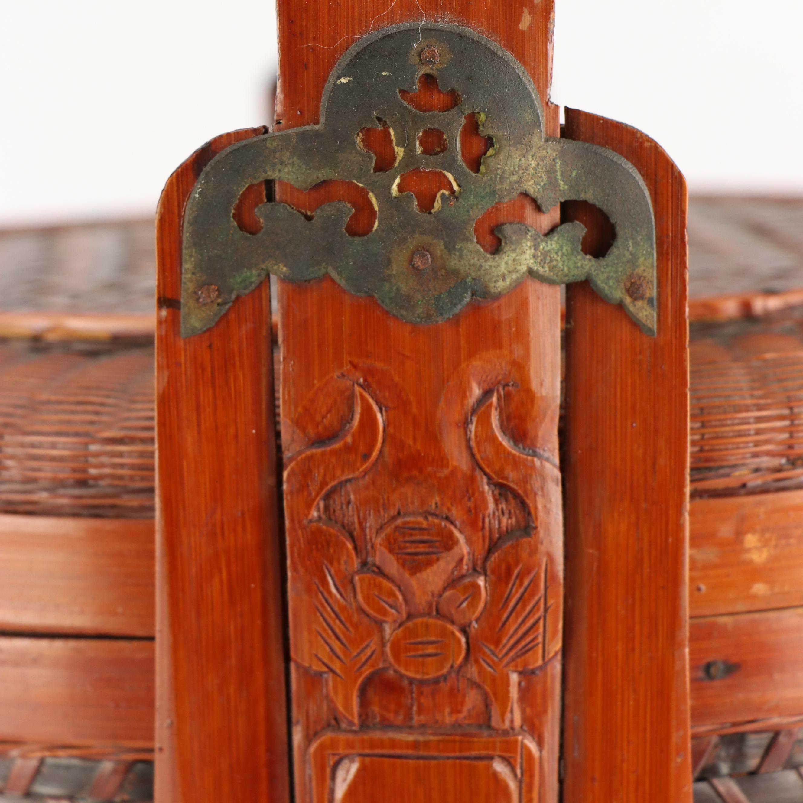 Chinese Woven Bamboo Three-Tiered Wedding Basket with Brass Decals