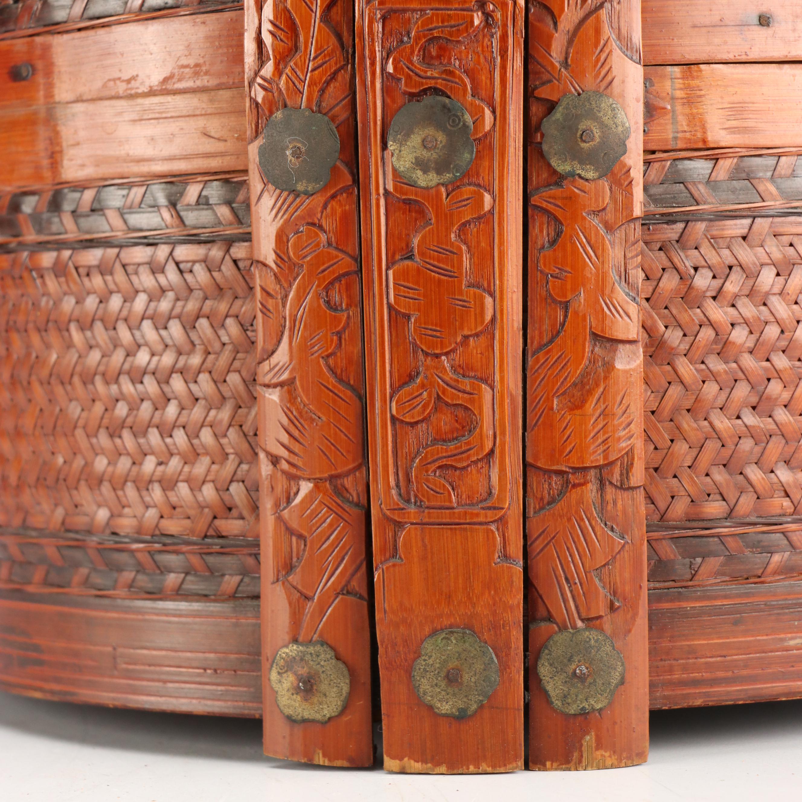 Chinese Woven Bamboo Three-Tiered Wedding Basket with Brass Decals