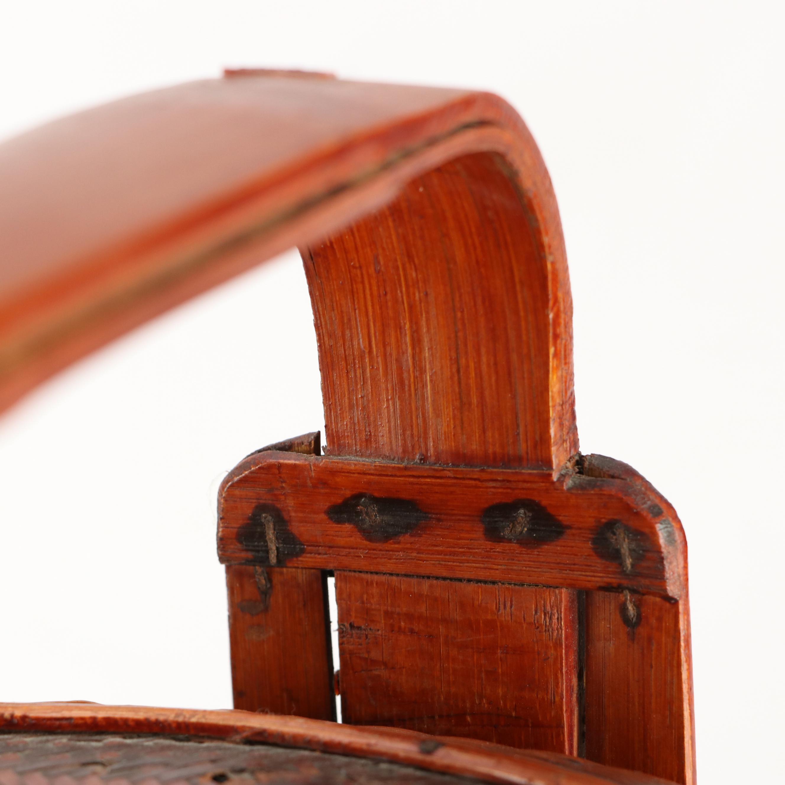 Chinese Woven Bamboo Three-Tiered Wedding Basket with Brass Decals