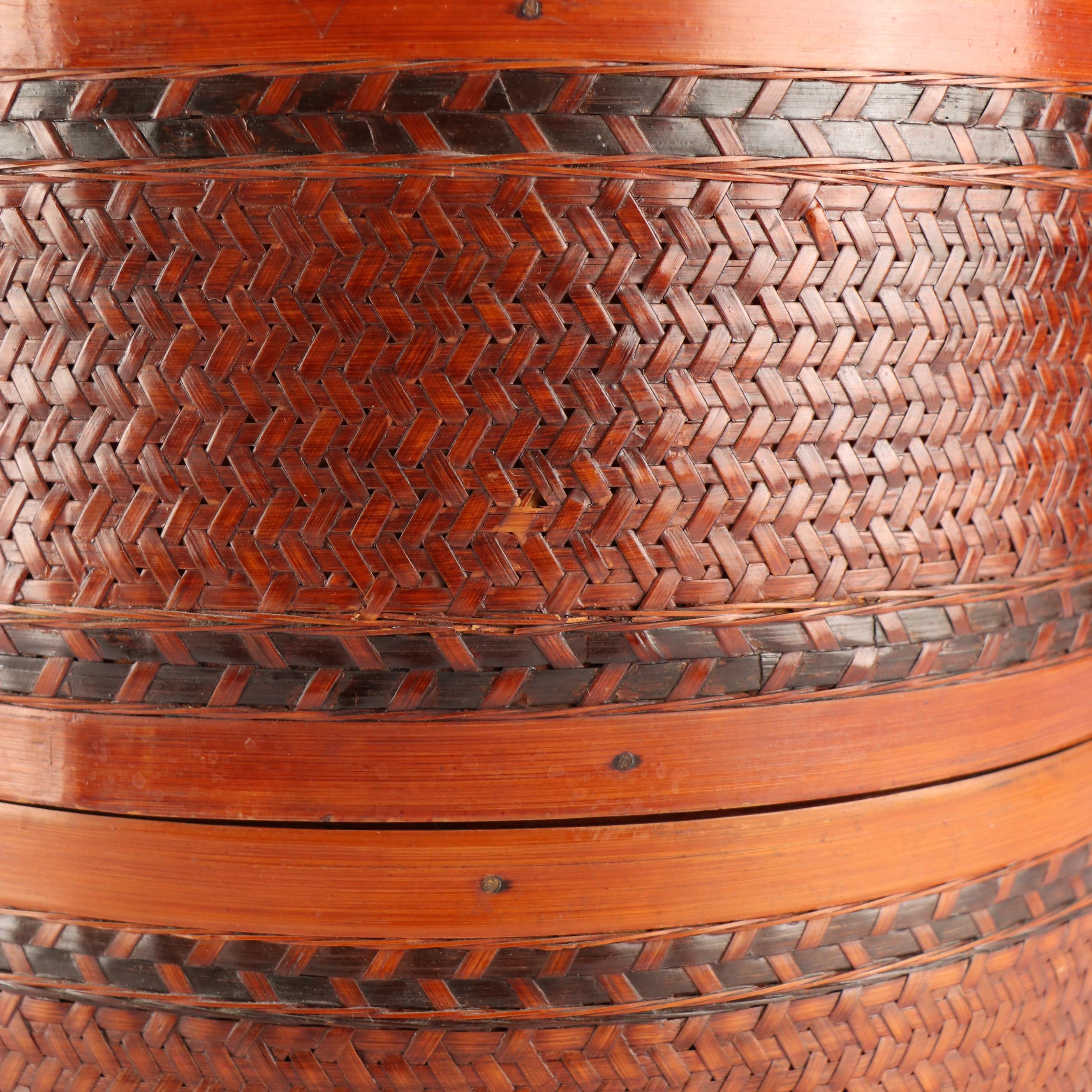 Chinese Woven Bamboo Three-Tiered Wedding Basket with Brass Decals