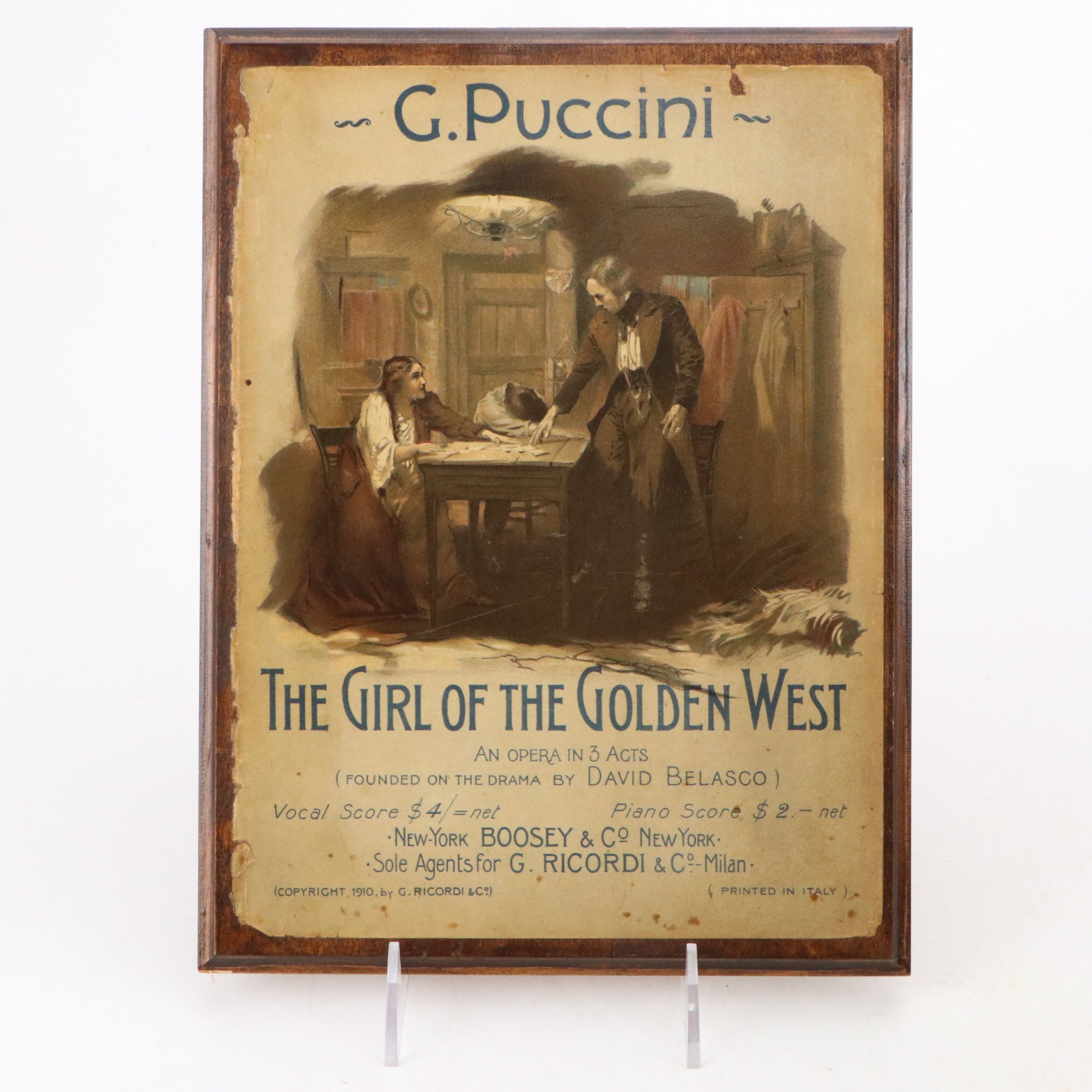 Original First Edition Cover Page to Giacomo Puccni Piano Scores on Wood Board