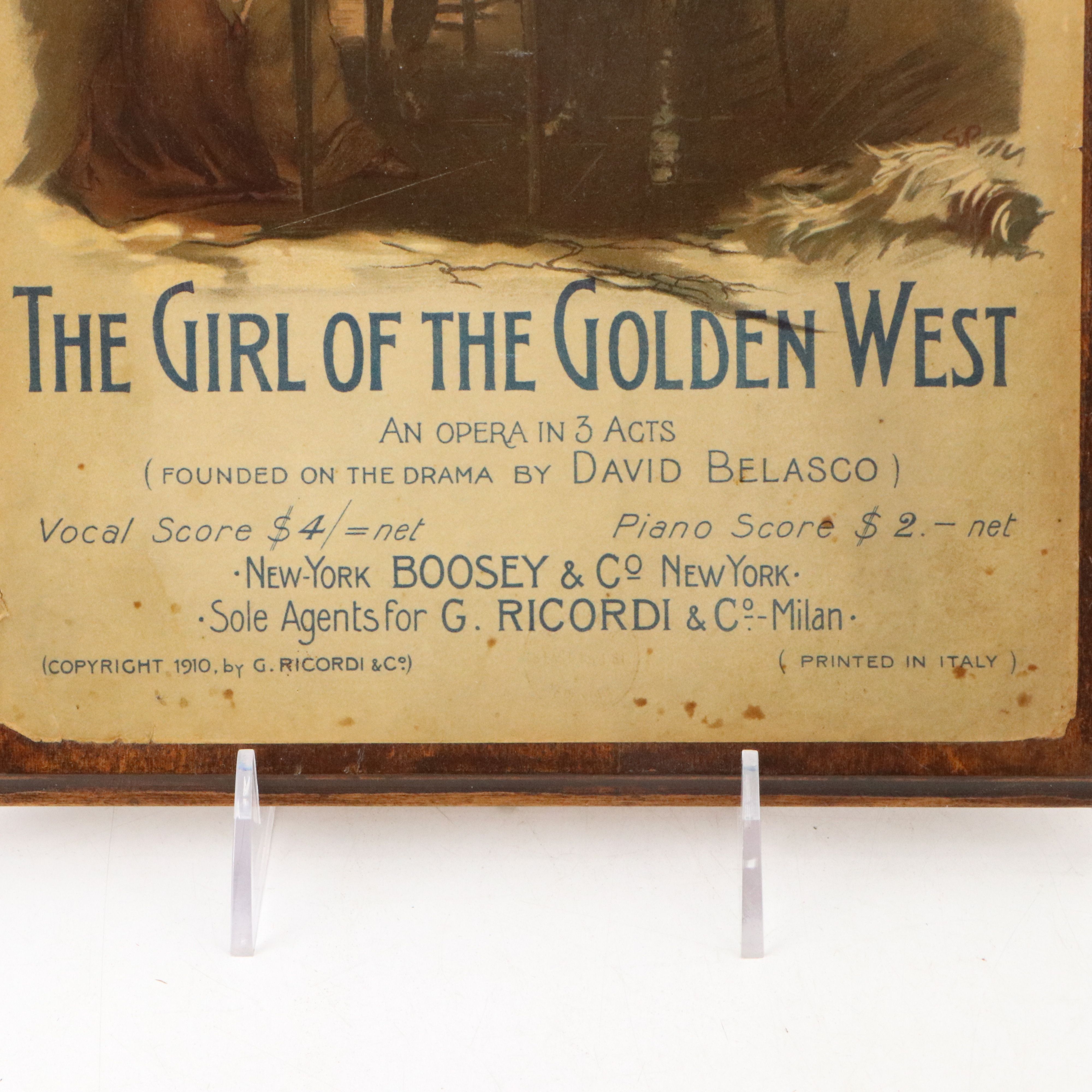 Original First Edition Cover Page to Giacomo Puccni Piano Scores on Wood Board