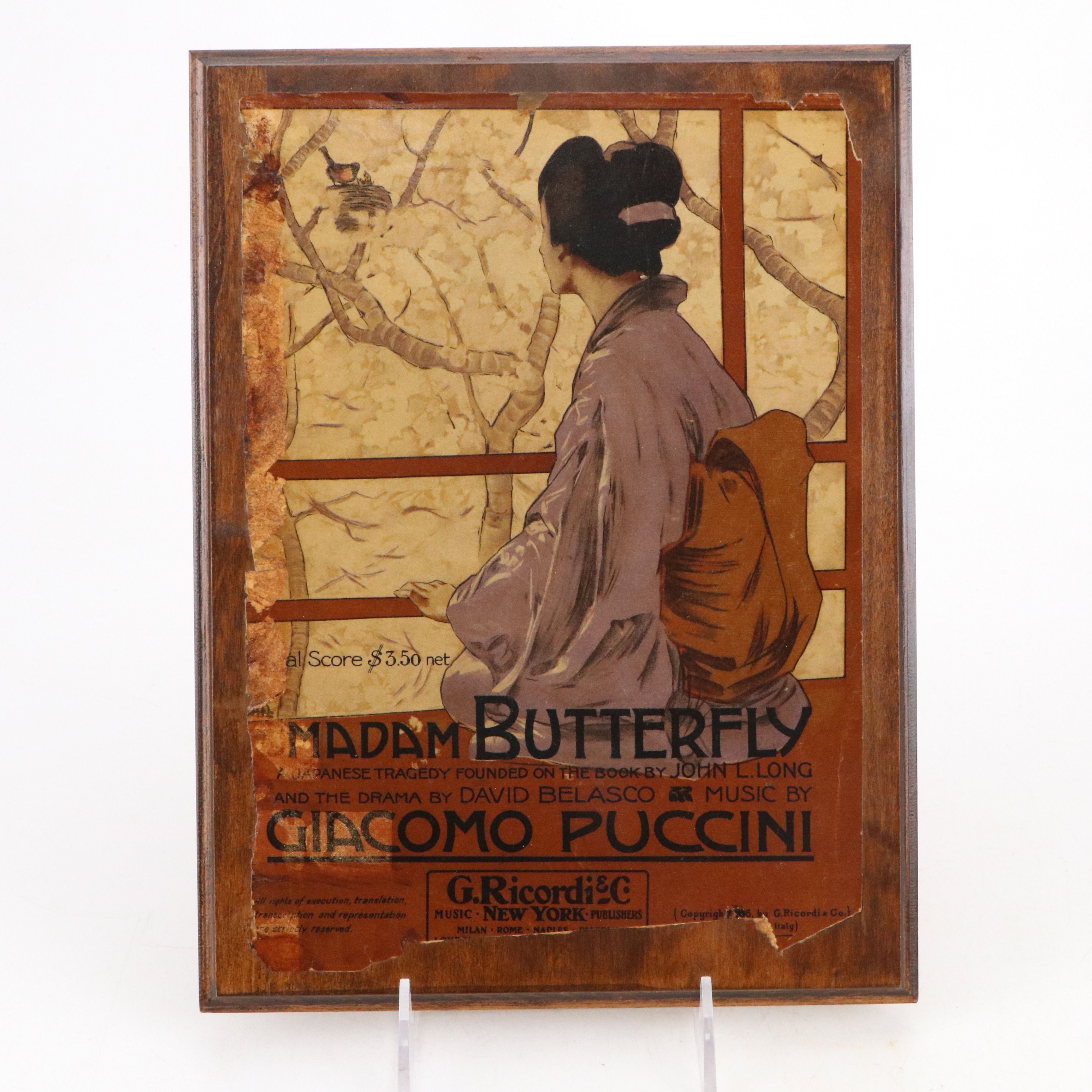 Original First Edition Cover Page to Giacomo Puccni Piano Scores on Wood Board