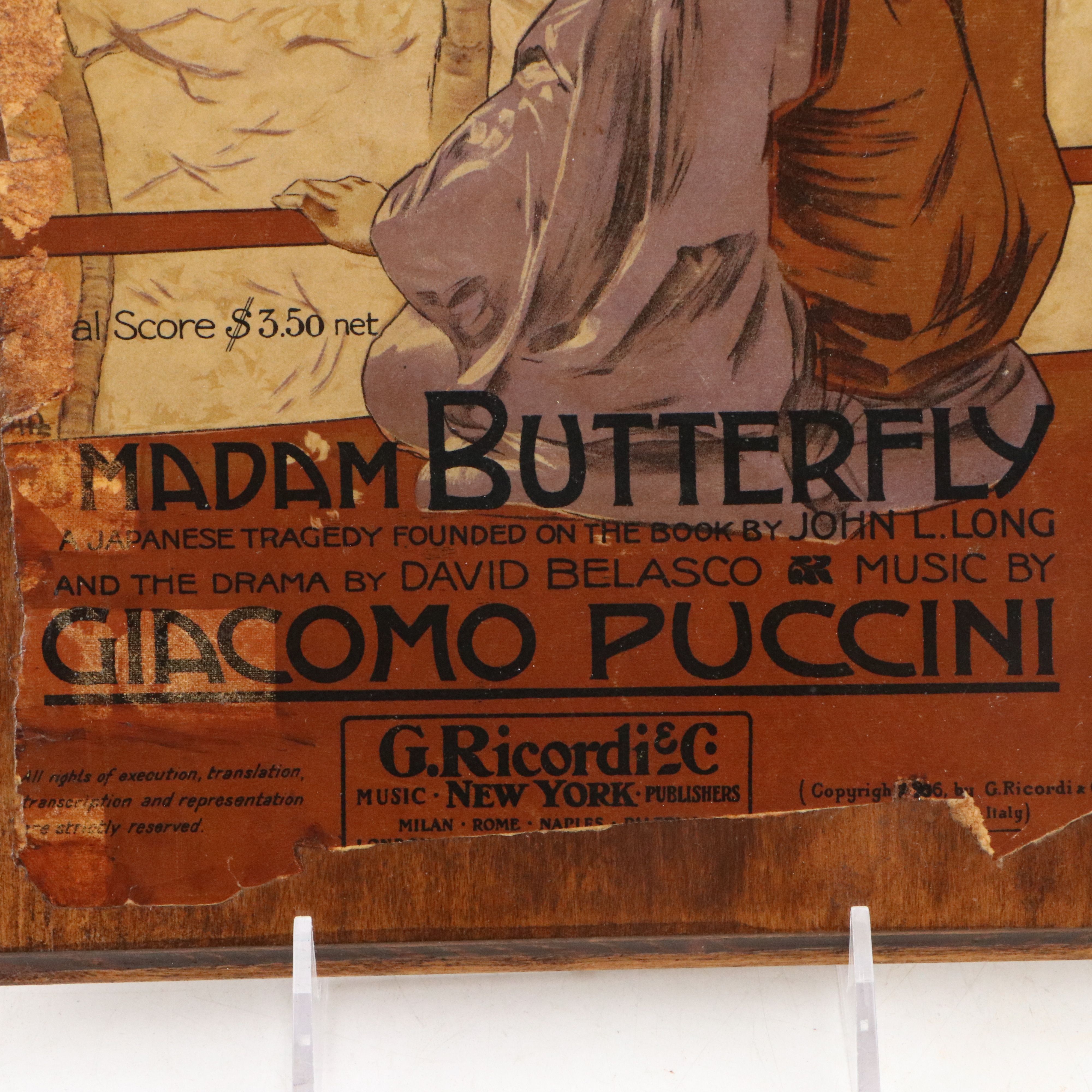 Original First Edition Cover Page to Giacomo Puccni Piano Scores on Wood Board