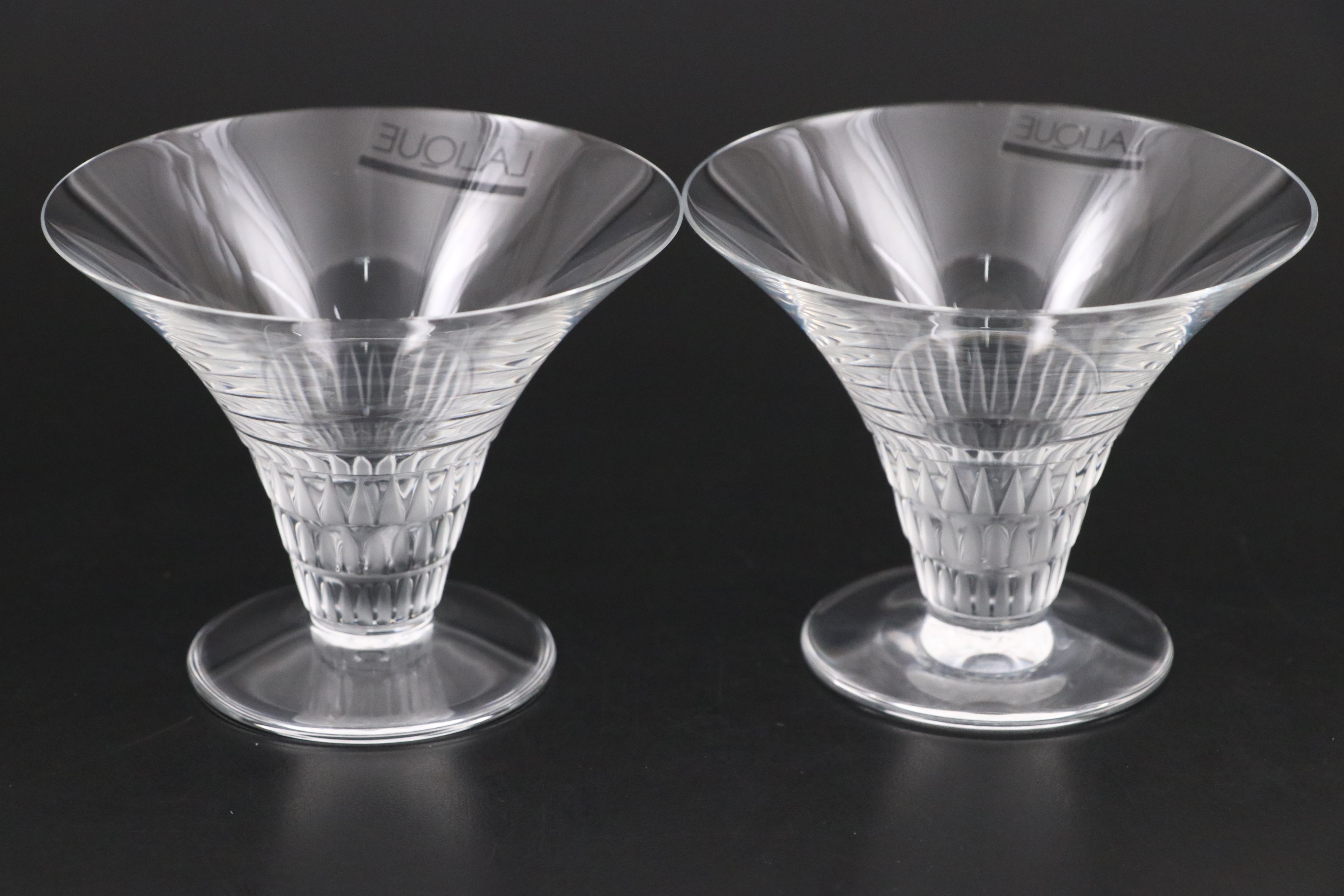 Pair of Lalique "Bourgueil" Frosted and Clear Crystal Champagne Coupes