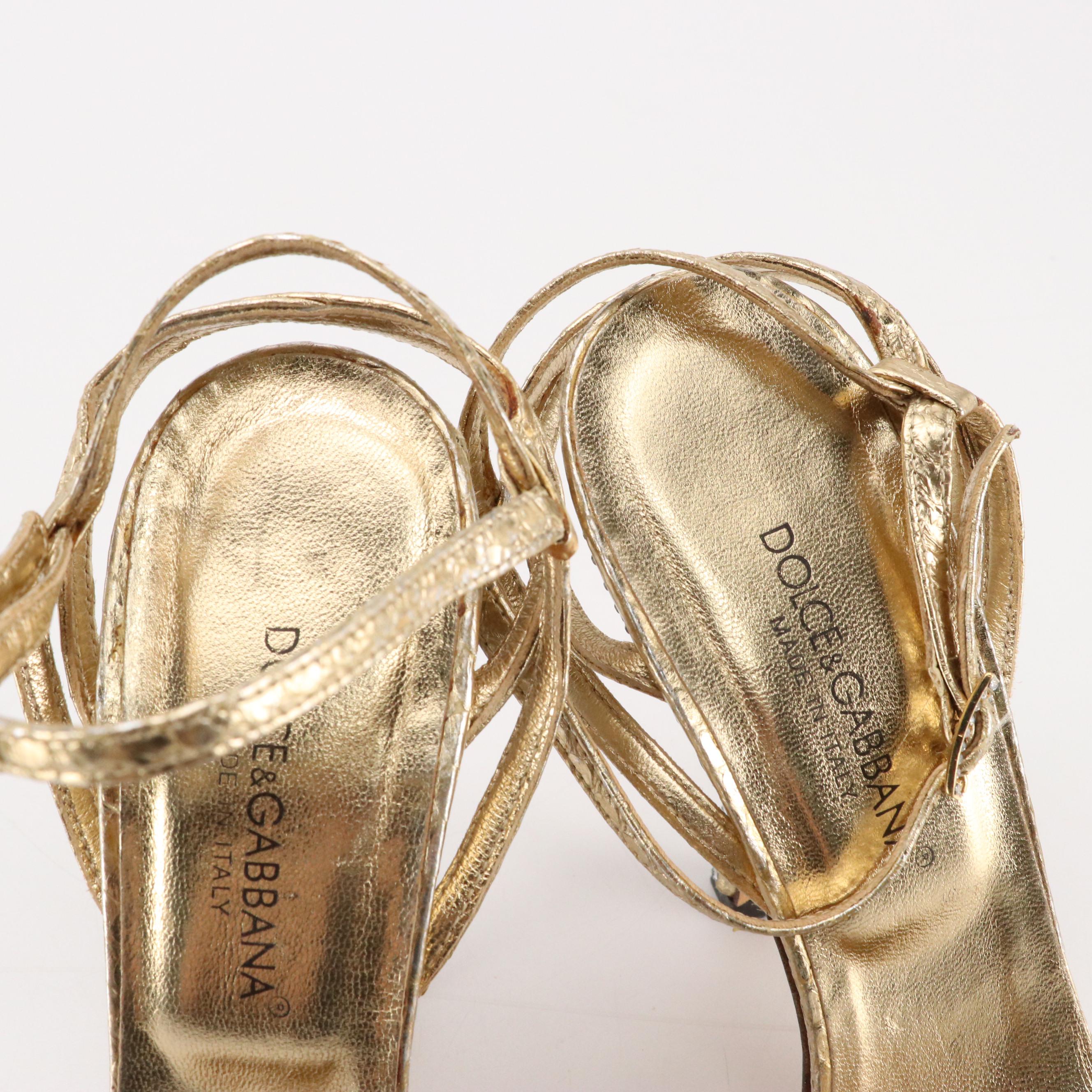 Dolce & Gabbana Metallic Snakeskin Ankle-Strap Sandals with Hand-Set Crystals