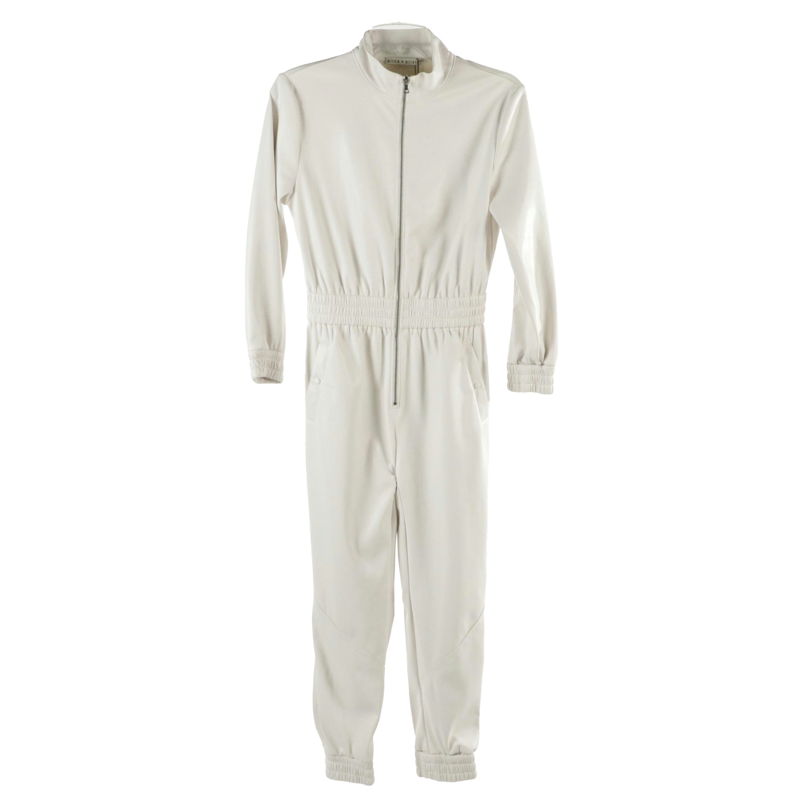 Alice + Olivia "Levi" Front-Zip Jumpsuit in "Off White" Vegan Leather, With Tag