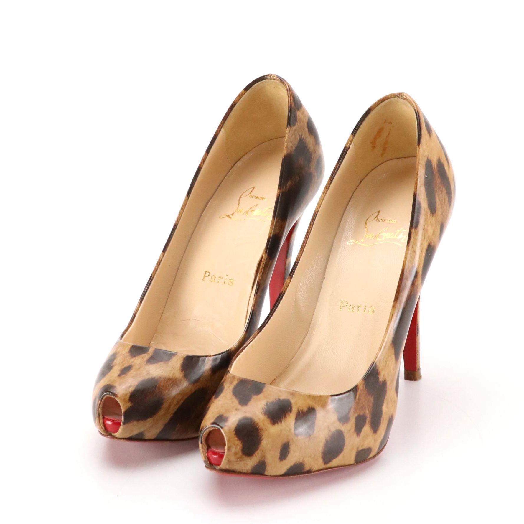 Christian Louboutin Leopard Print Patent Leather Platform Peep-Toe Pumps