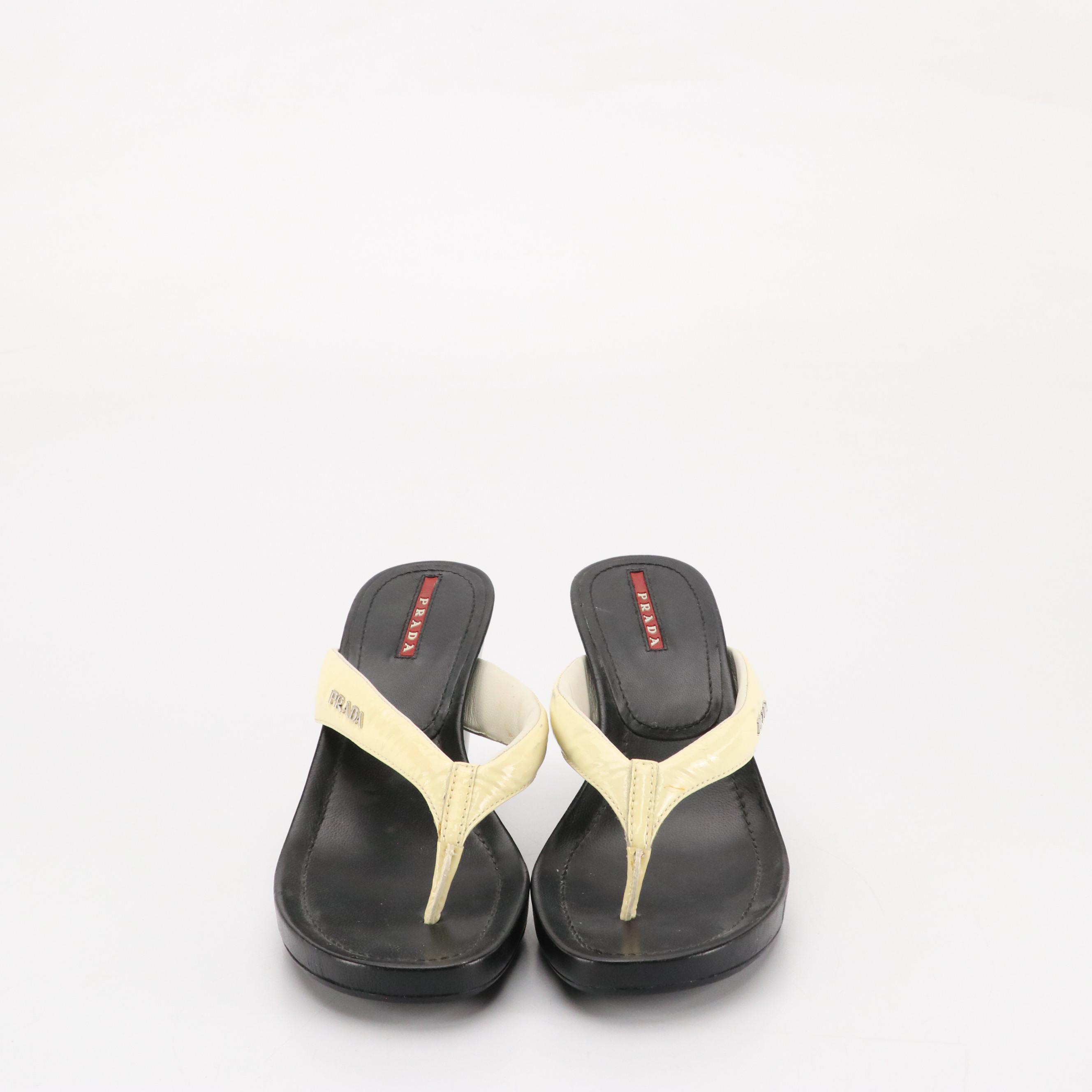 Prada Padded Thong-Strap Wedge Sandals in Ivory Patent & Black Calfskin Leather