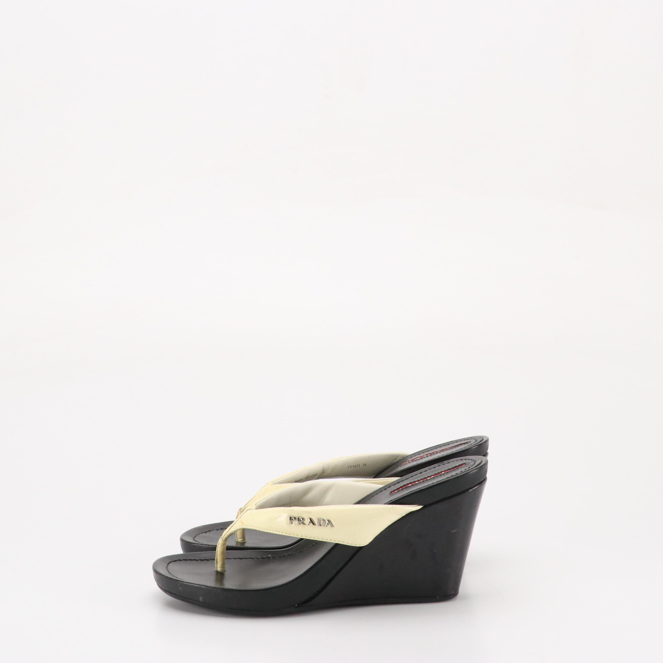 Prada Padded Thong-Strap Wedge Sandals in Ivory Patent & Black Calfskin Leather