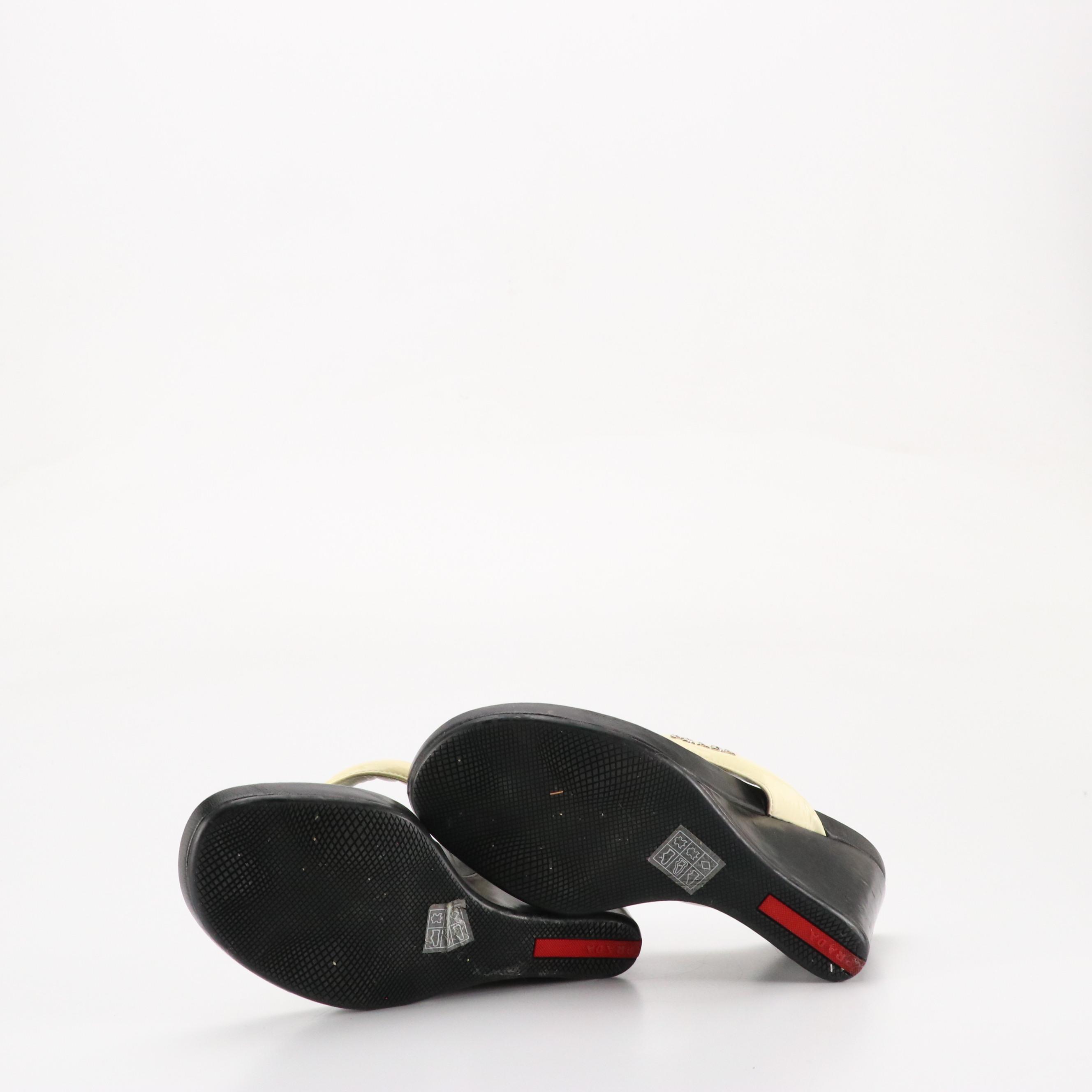 Prada Padded Thong-Strap Wedge Sandals in Ivory Patent & Black Calfskin Leather