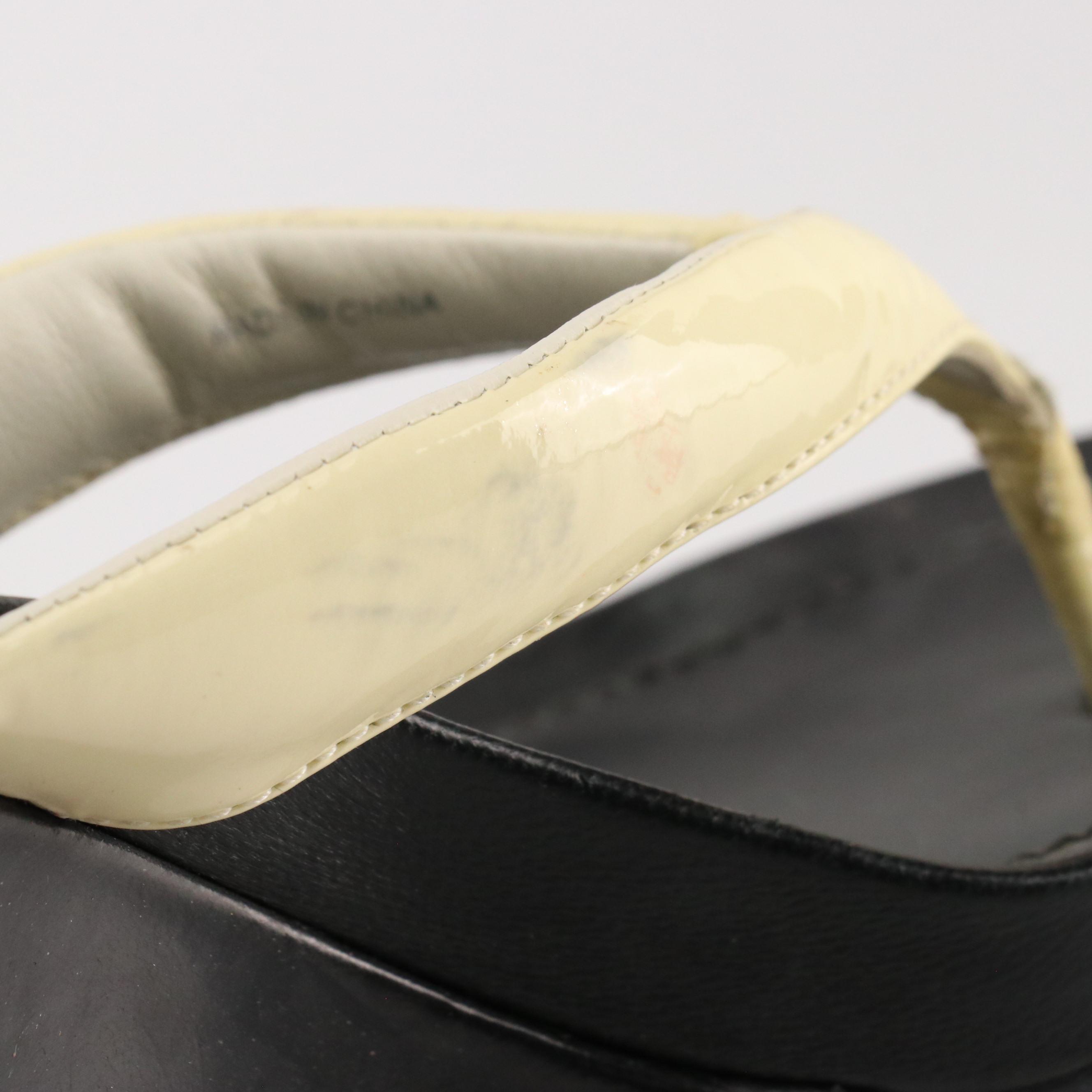 Prada Padded Thong-Strap Wedge Sandals in Ivory Patent & Black Calfskin Leather