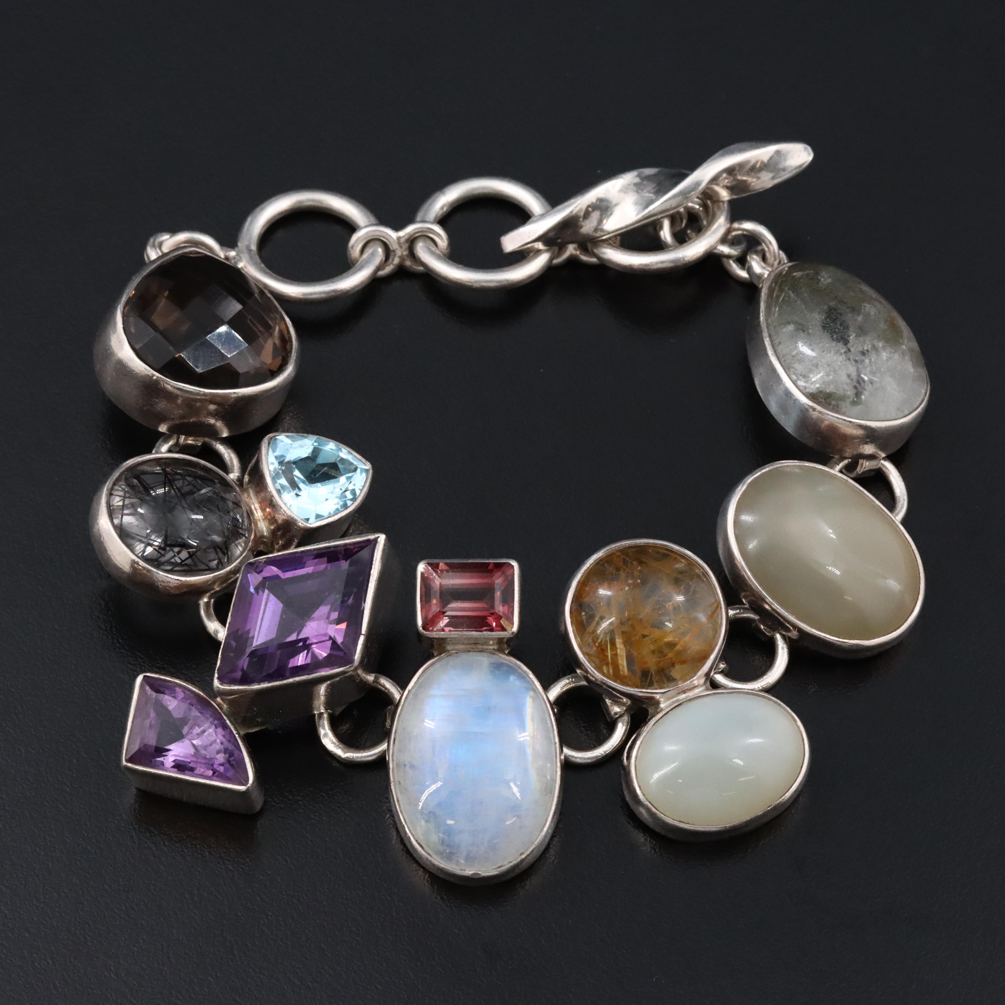 Sterling Rainbow Moonstone, Smoky Quartz and Amethyst Bracelet