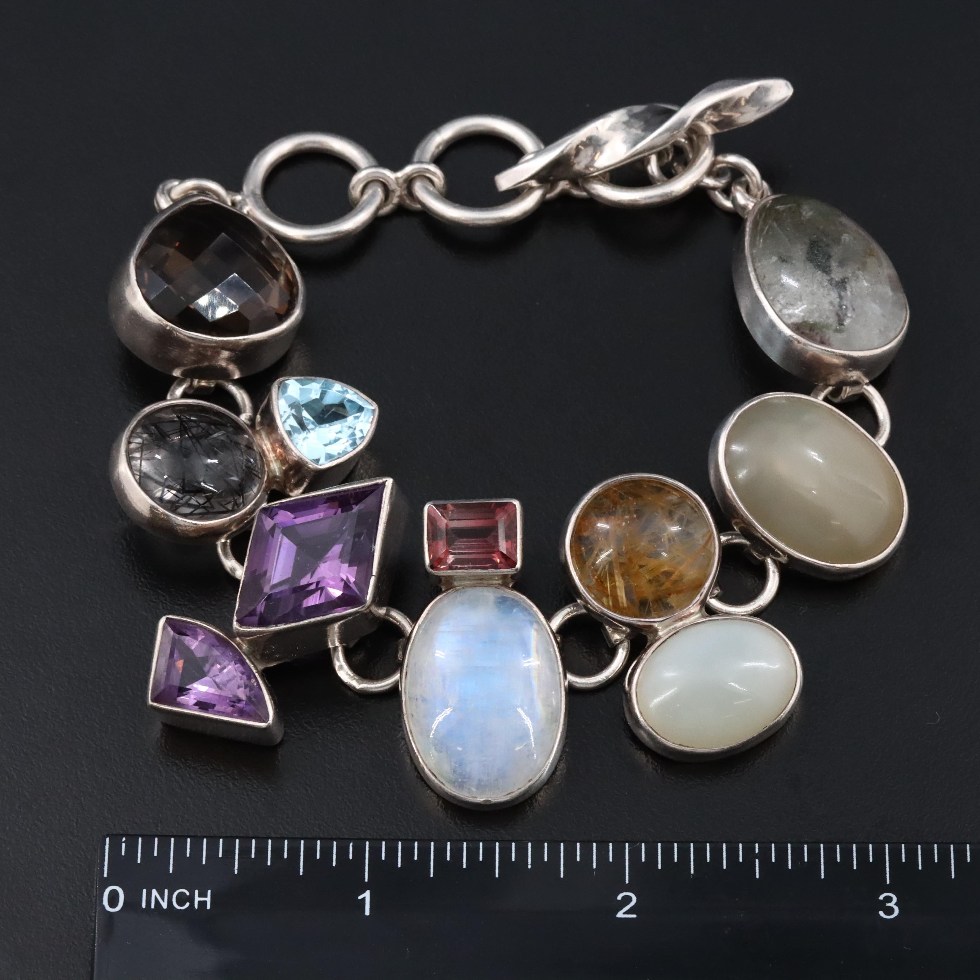 Sterling Rainbow Moonstone, Smoky Quartz and Amethyst Bracelet
