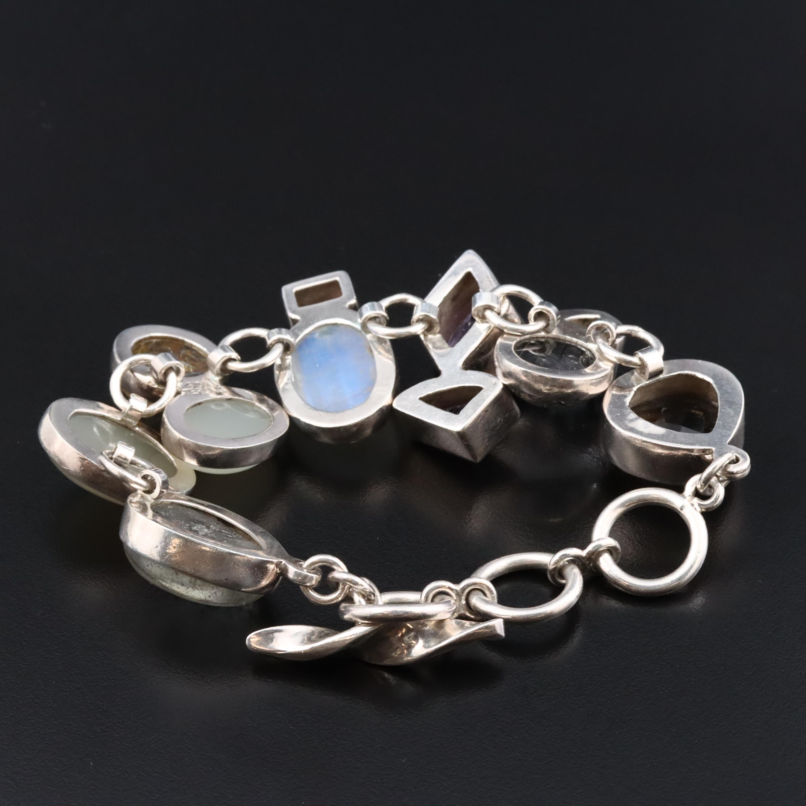 Sterling Rainbow Moonstone, Smoky Quartz and Amethyst Bracelet