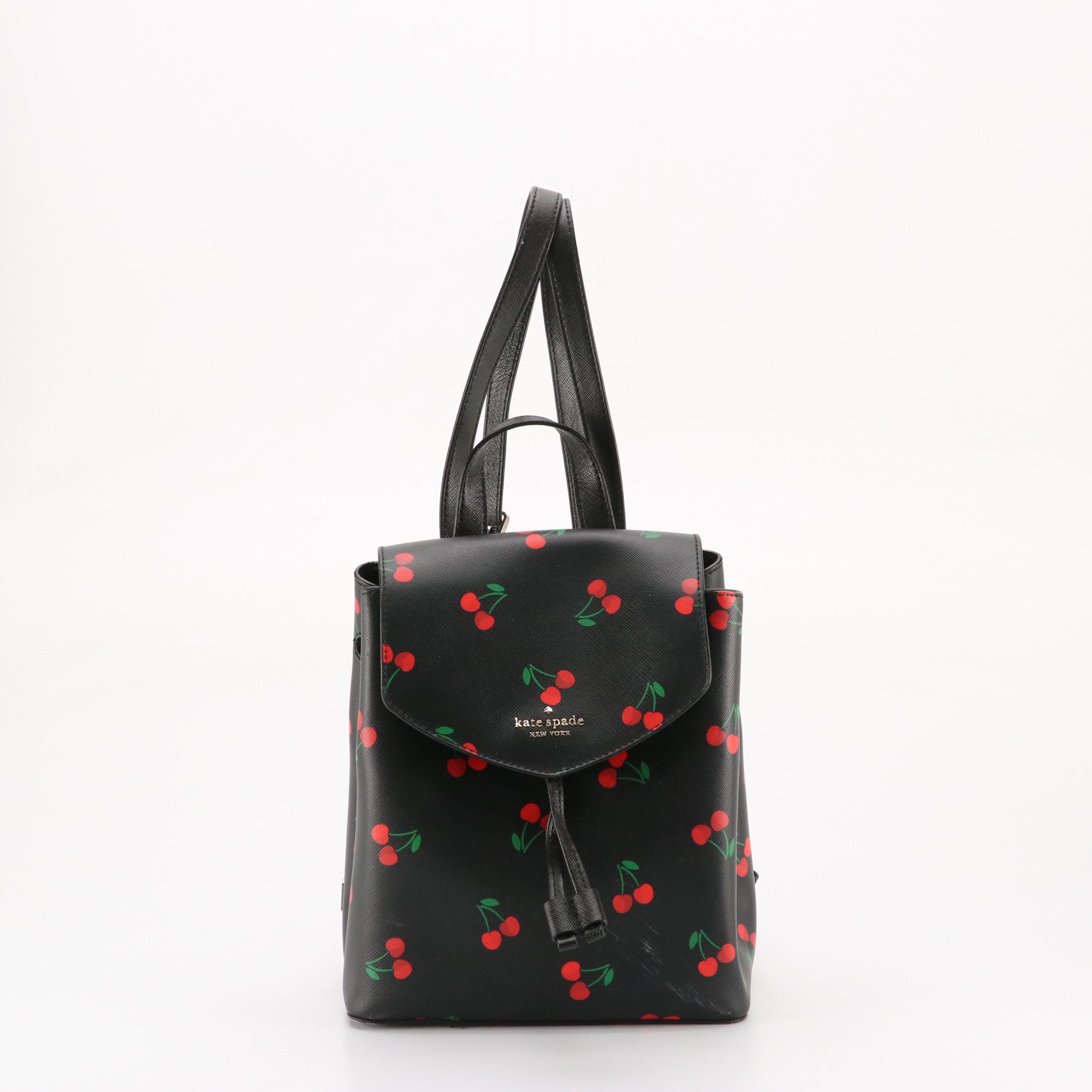 Kate Spade "Lizzie" Medium Flap Backpack in Tossed Cherry Print Saffiano PVC