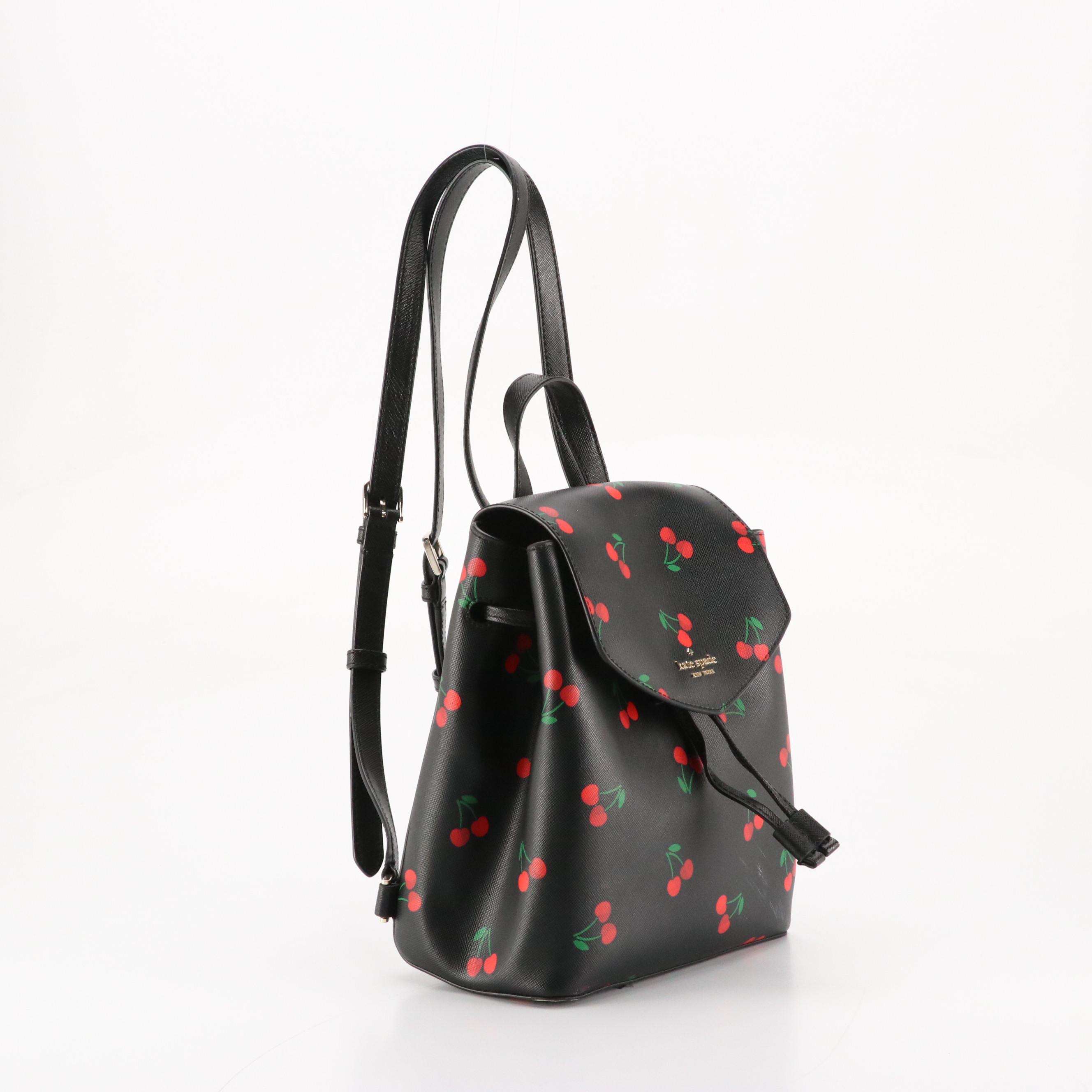 Kate Spade "Lizzie" Medium Flap Backpack in Tossed Cherry Print Saffiano PVC