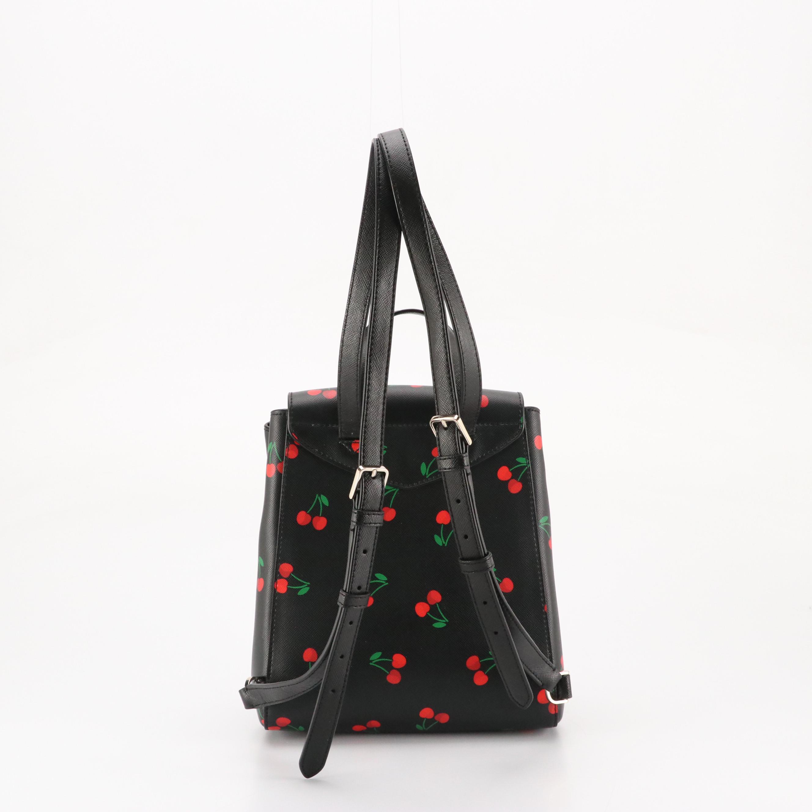 Kate Spade "Lizzie" Medium Flap Backpack in Tossed Cherry Print Saffiano PVC