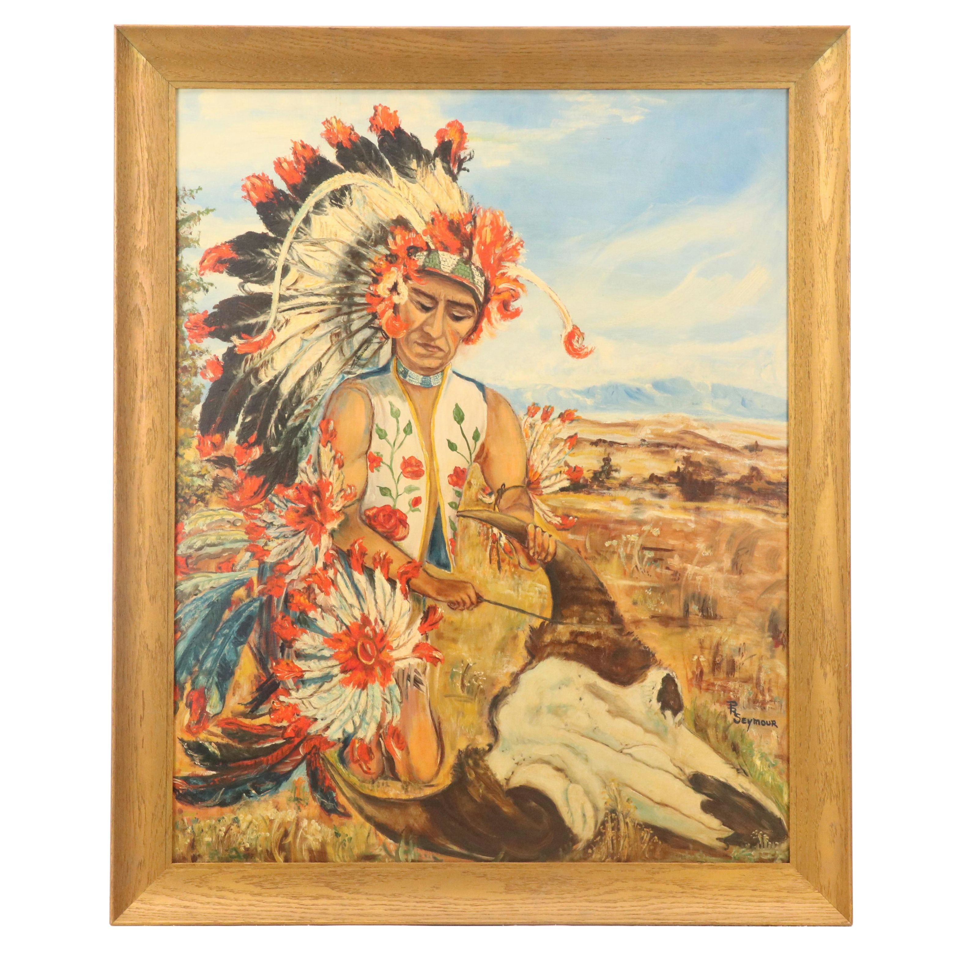 P. R. Seymour Oil Painting of Indigenous Person with Bison Skull